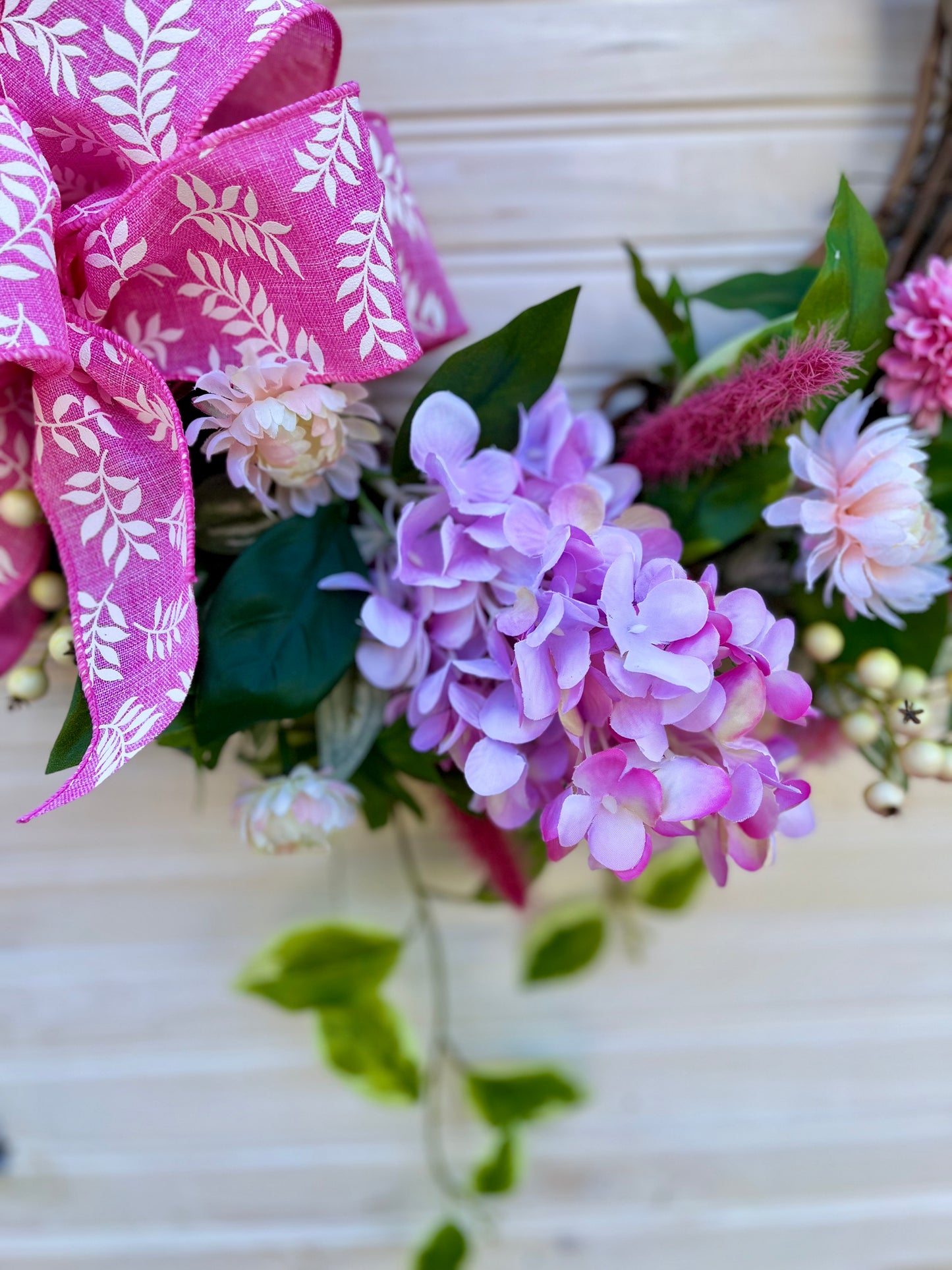 Spring Floral Wreath – Pink & Yellow Hydrangea and Chrysanthemum Wreath (2 Color Options)