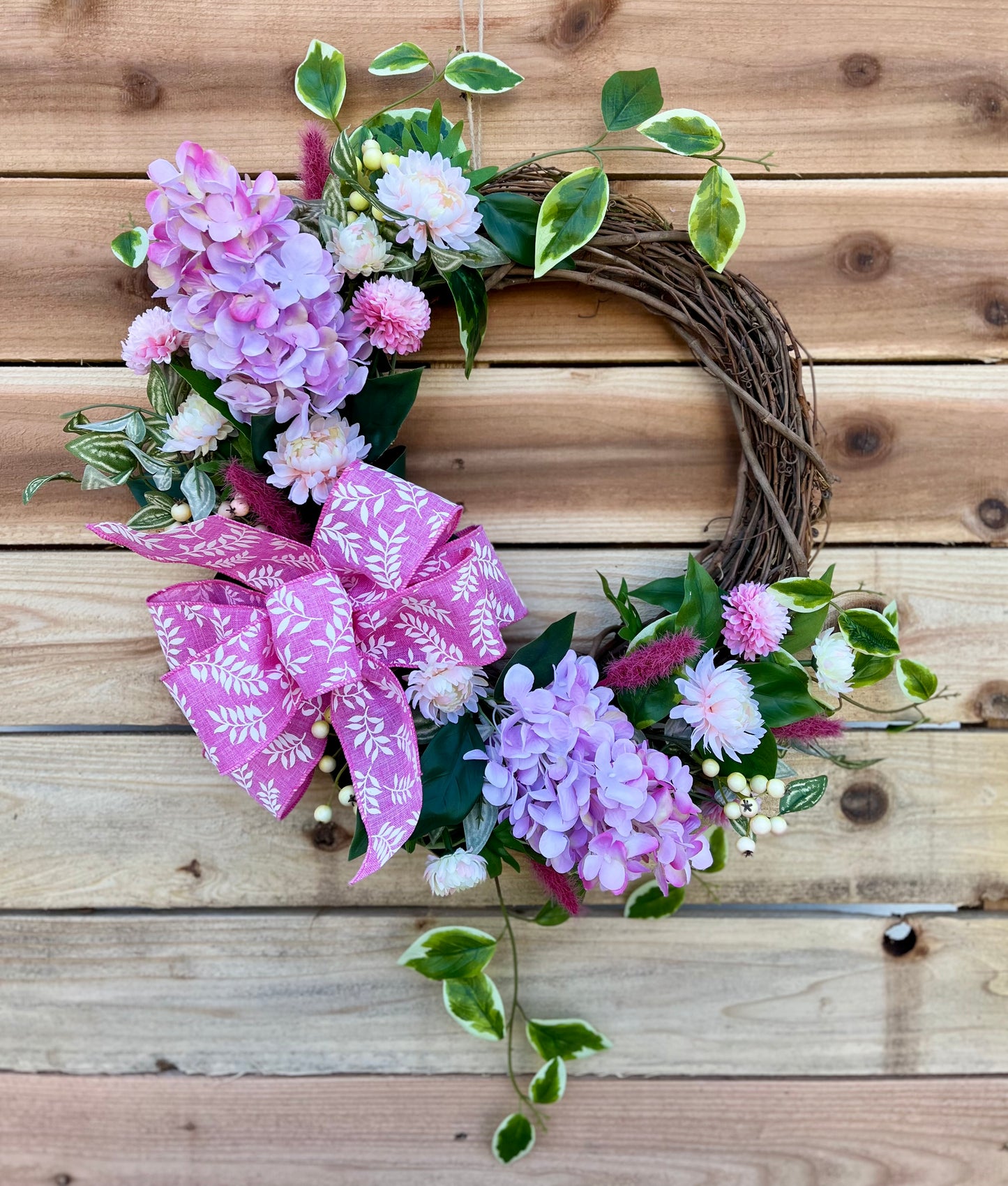 Spring Floral Wreath – Pink & Yellow Hydrangea and Chrysanthemum Wreath (2 Color Options)