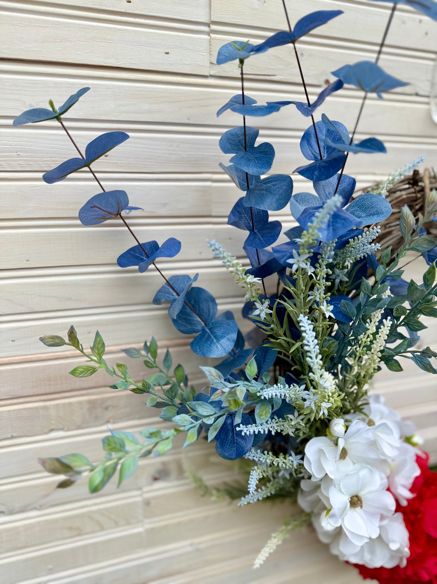 Patriotic Grapevine Wreath with Red Peonies, White Ranunculus & Blue Lavender – Americana Floral Decor