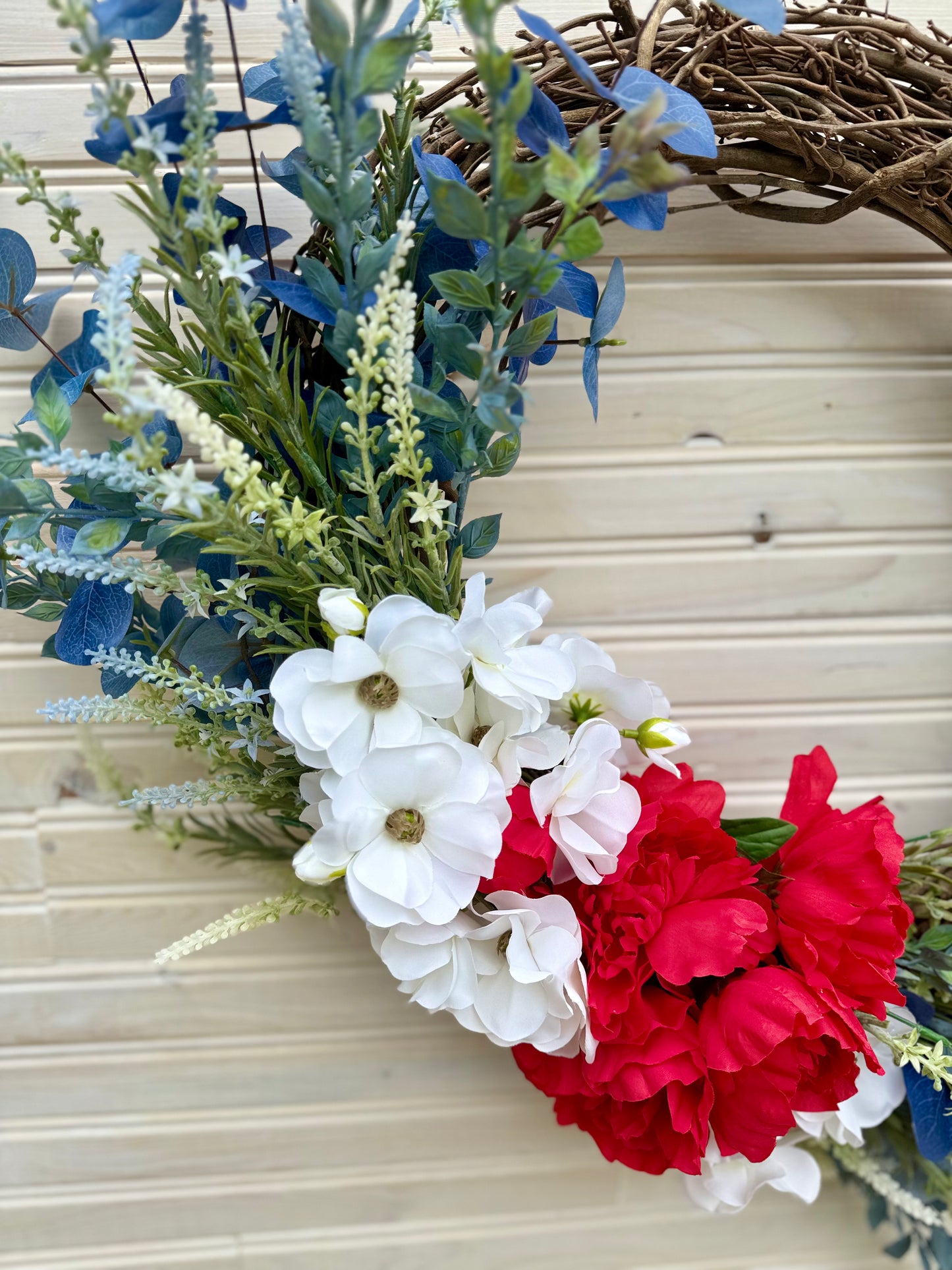 Patriotic Grapevine Wreath with Red Peonies, White Ranunculus & Blue Lavender – Americana Floral Decor
