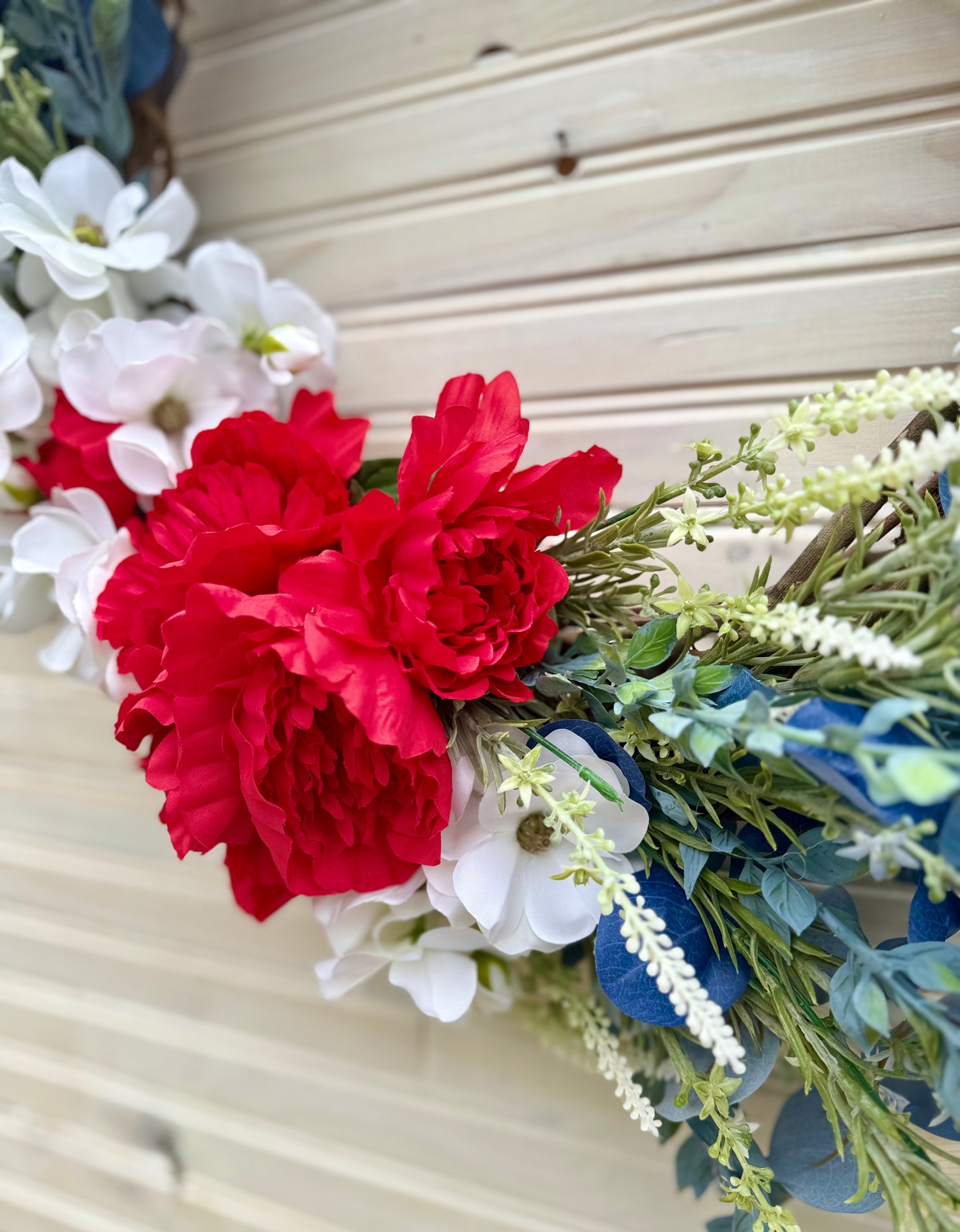 Patriotic Grapevine Wreath with Red Peonies, White Ranunculus & Blue Lavender – Americana Floral Decor