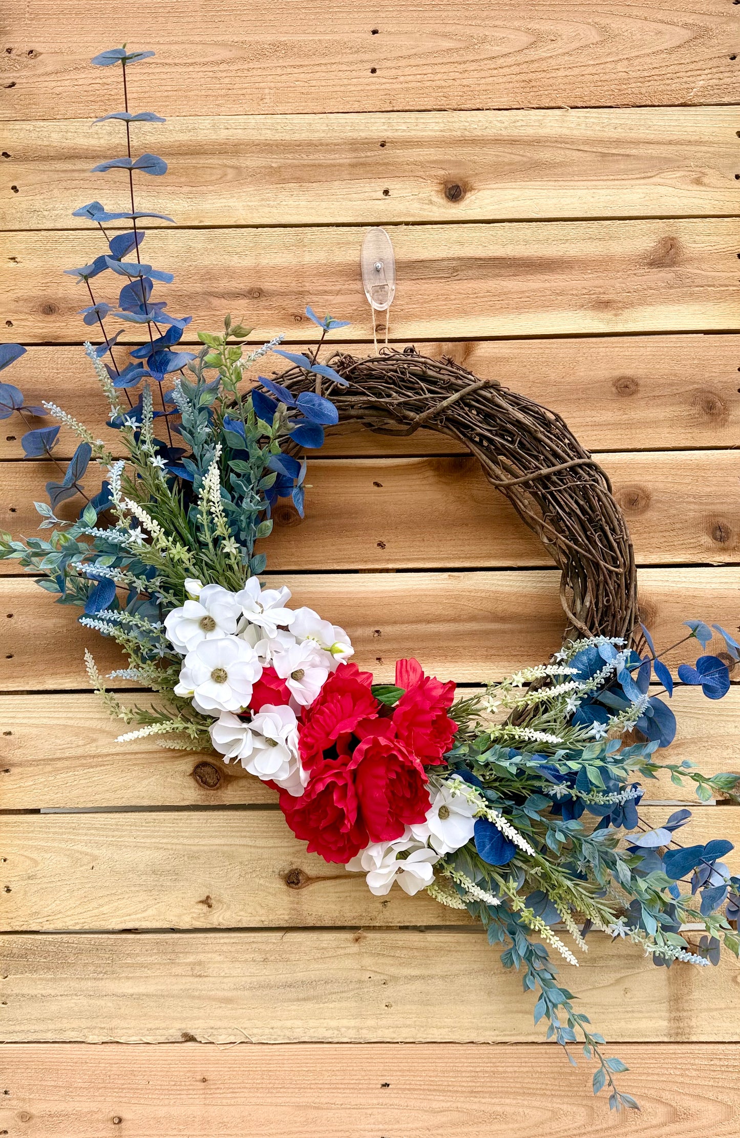 Patriotic Grapevine Wreath with Red Peonies, White Ranunculus & Blue Lavender – Americana Floral Decor