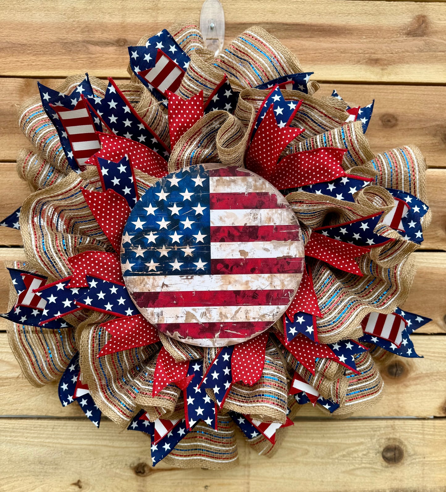 Handmade Patriotic Wreath – 22" Rustic Americana Door Decor with American Flag Sign – 4th of July, Memorial Day, Veterans Day, Front Door Wreath
