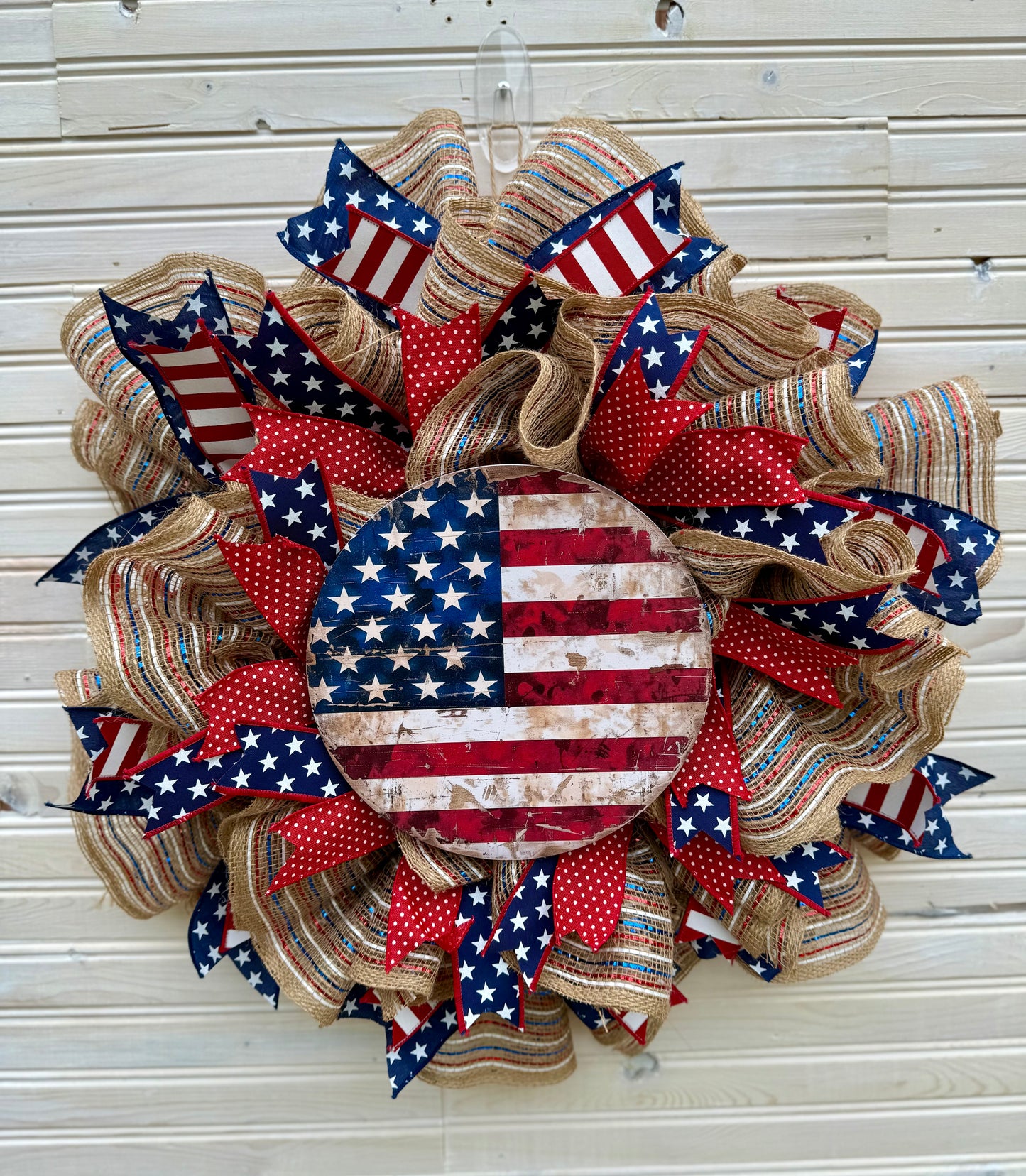 Handmade Patriotic Wreath – 22" Rustic Americana Door Decor with American Flag Sign – 4th of July, Memorial Day, Veterans Day, Front Door Wreath
