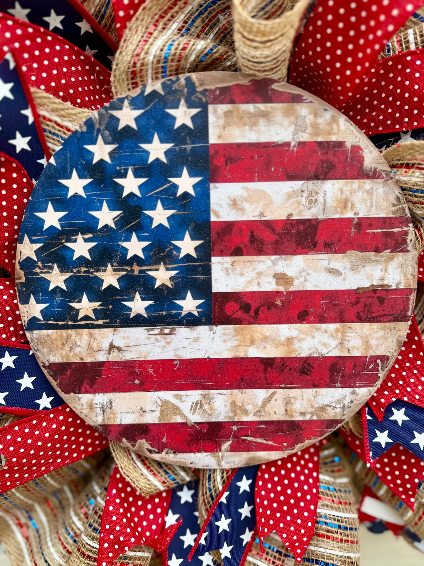 Handmade Patriotic Wreath – 22" Rustic Americana Door Decor with American Flag Sign – 4th of July, Memorial Day, Veterans Day, Front Door Wreath