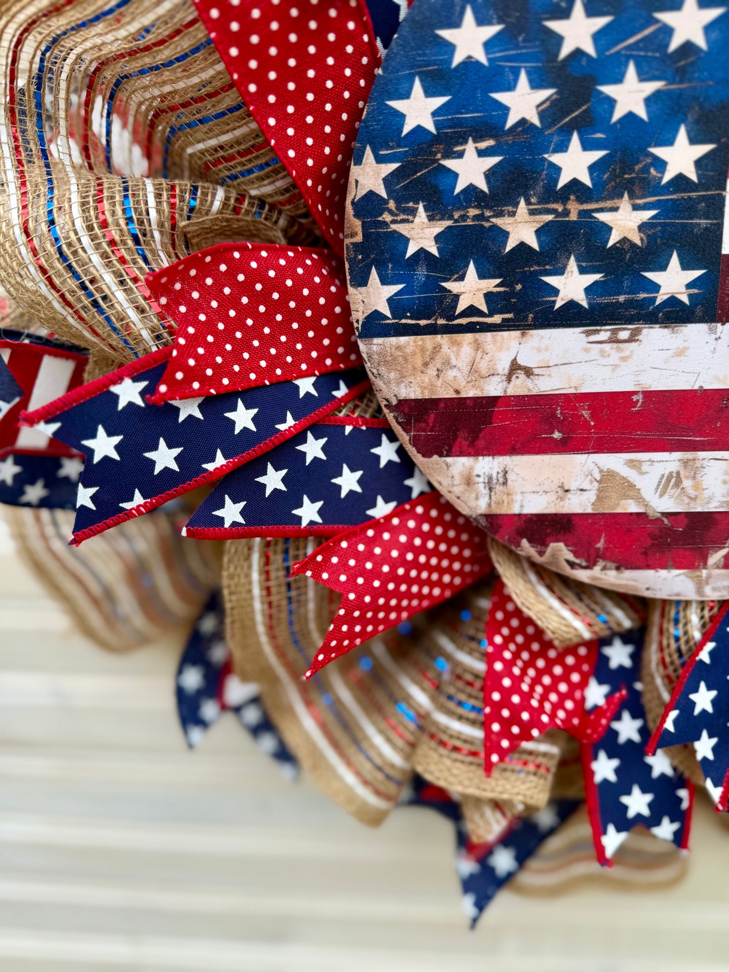 Handmade Patriotic Wreath – 22" Rustic Americana Door Decor with American Flag Sign – 4th of July, Memorial Day, Veterans Day, Front Door Wreath