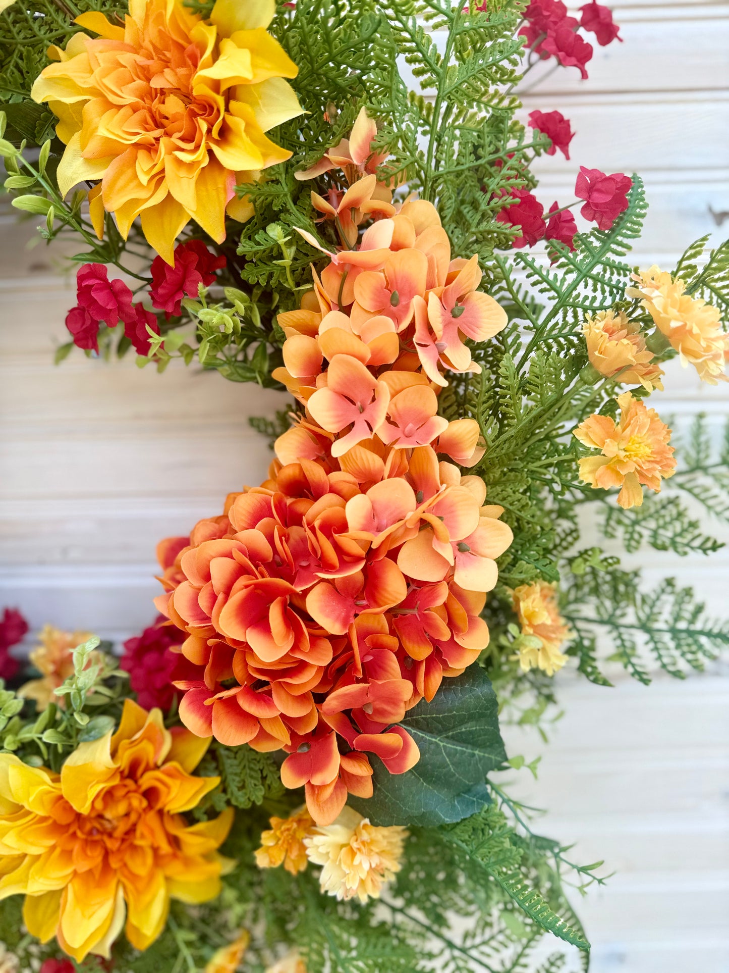 26" Summer Floral Wreath with Wisteria, Dahlia, Marigold & Eucalyptus – Vibrant Front Door Decor