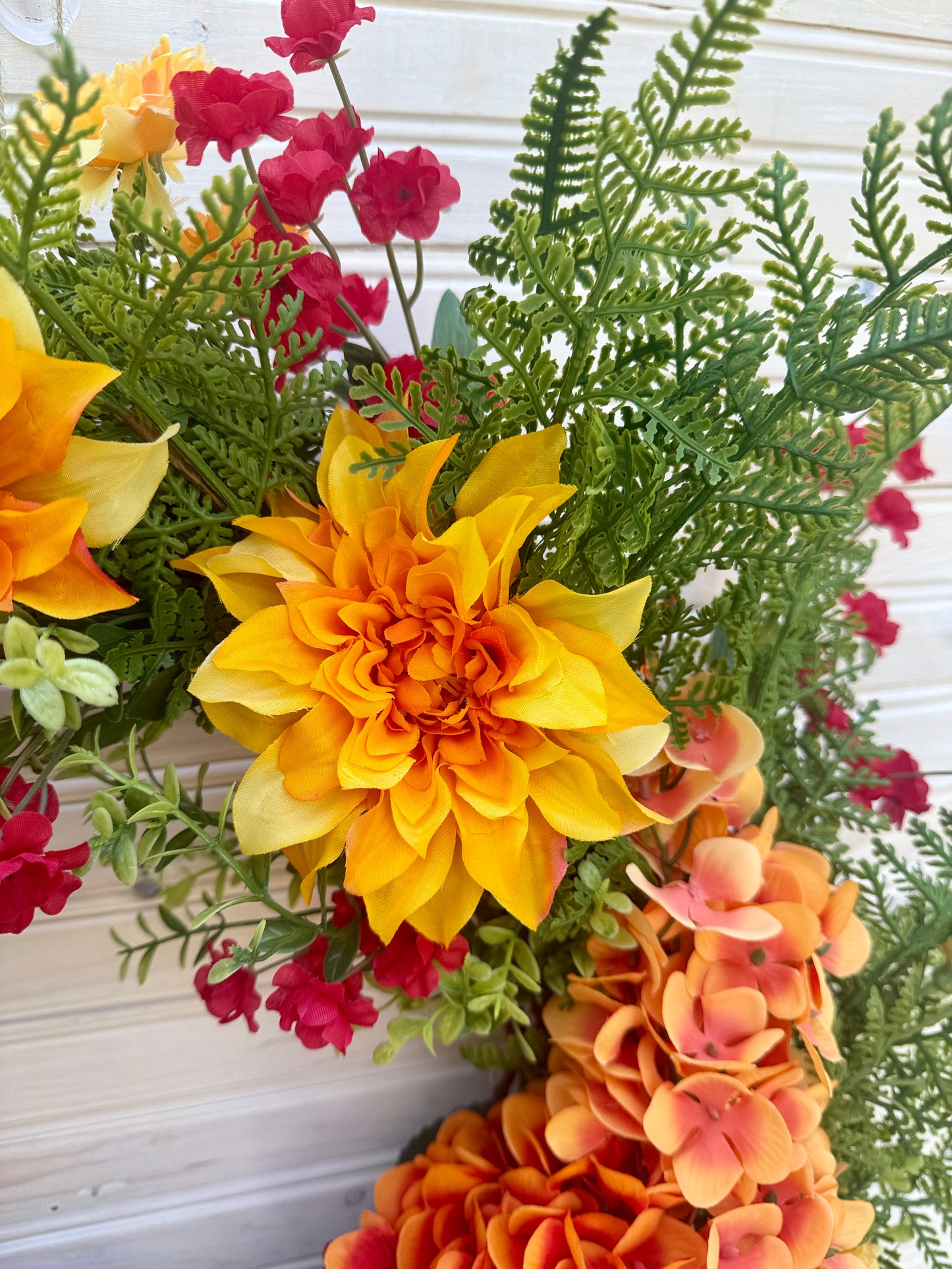 26" Summer Floral Wreath with Wisteria, Dahlia, Marigold & Eucalyptus – Vibrant Front Door Decor
