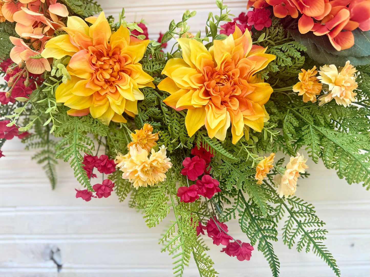 26" Summer Floral Wreath with Wisteria, Dahlia, Marigold & Eucalyptus – Vibrant Front Door Decor