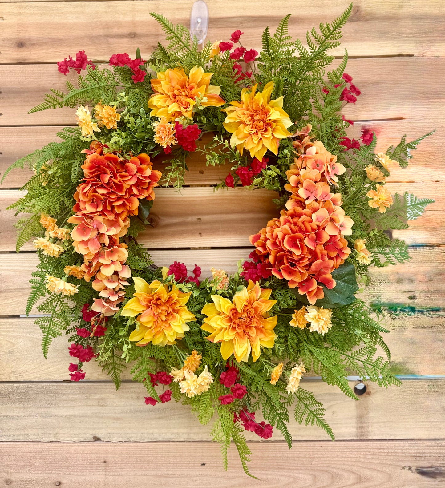 26" Summer Floral Wreath with Wisteria, Dahlia, Marigold & Eucalyptus – Vibrant Front Door Decor