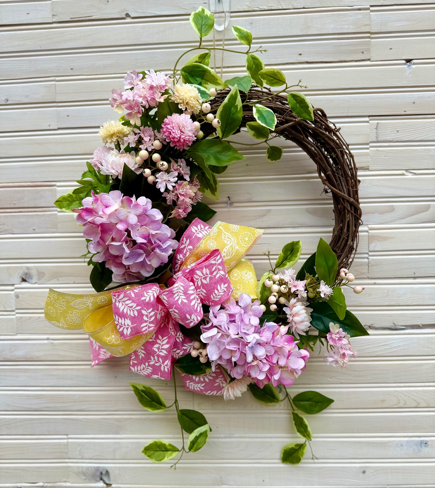 Spring Floral Wreath – Pink & Yellow Hydrangea and Chrysanthemum Wreath (2 Color Options)