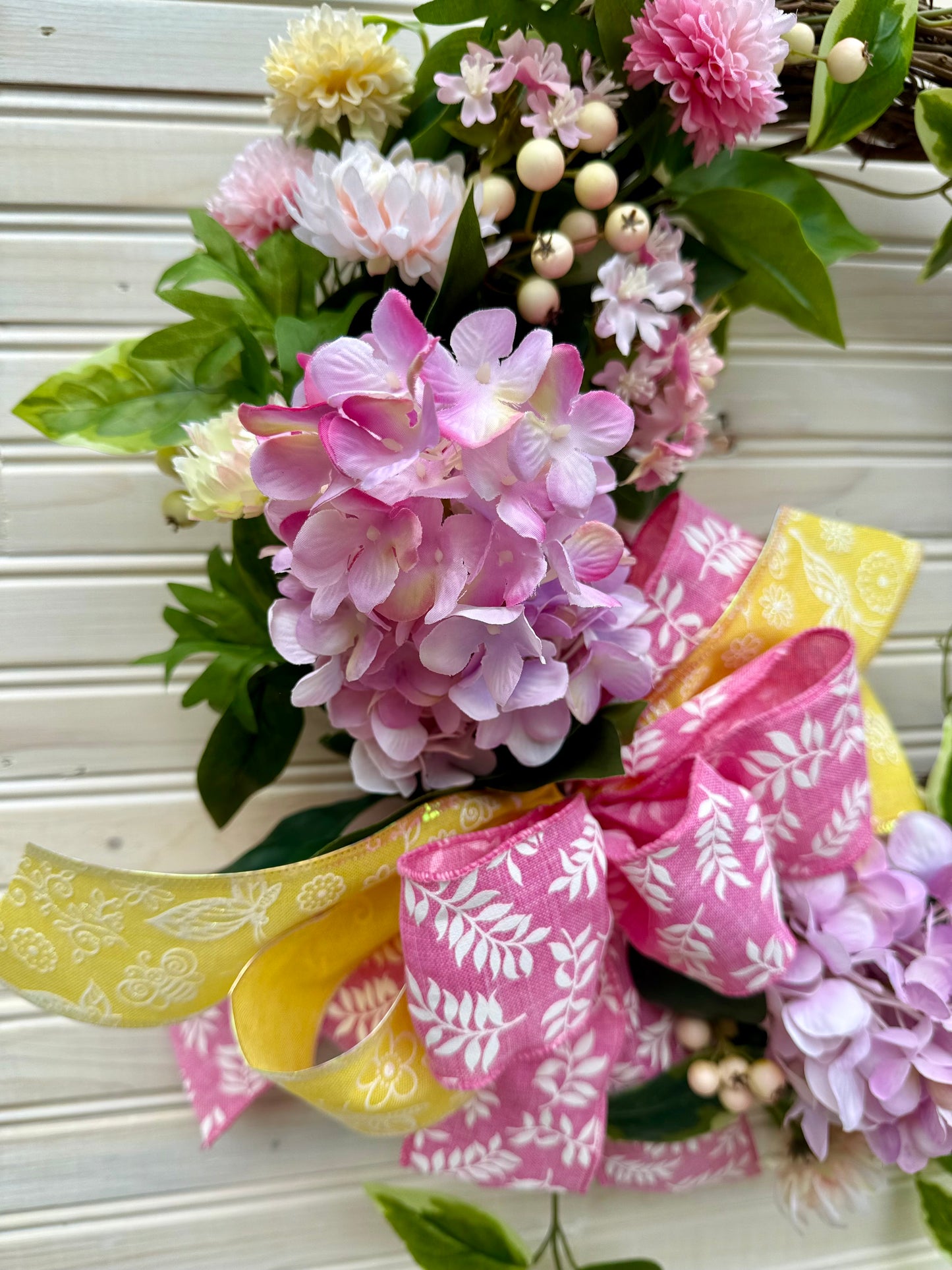 Spring Floral Wreath – Pink & Yellow Hydrangea and Chrysanthemum Wreath (2 Color Options)
