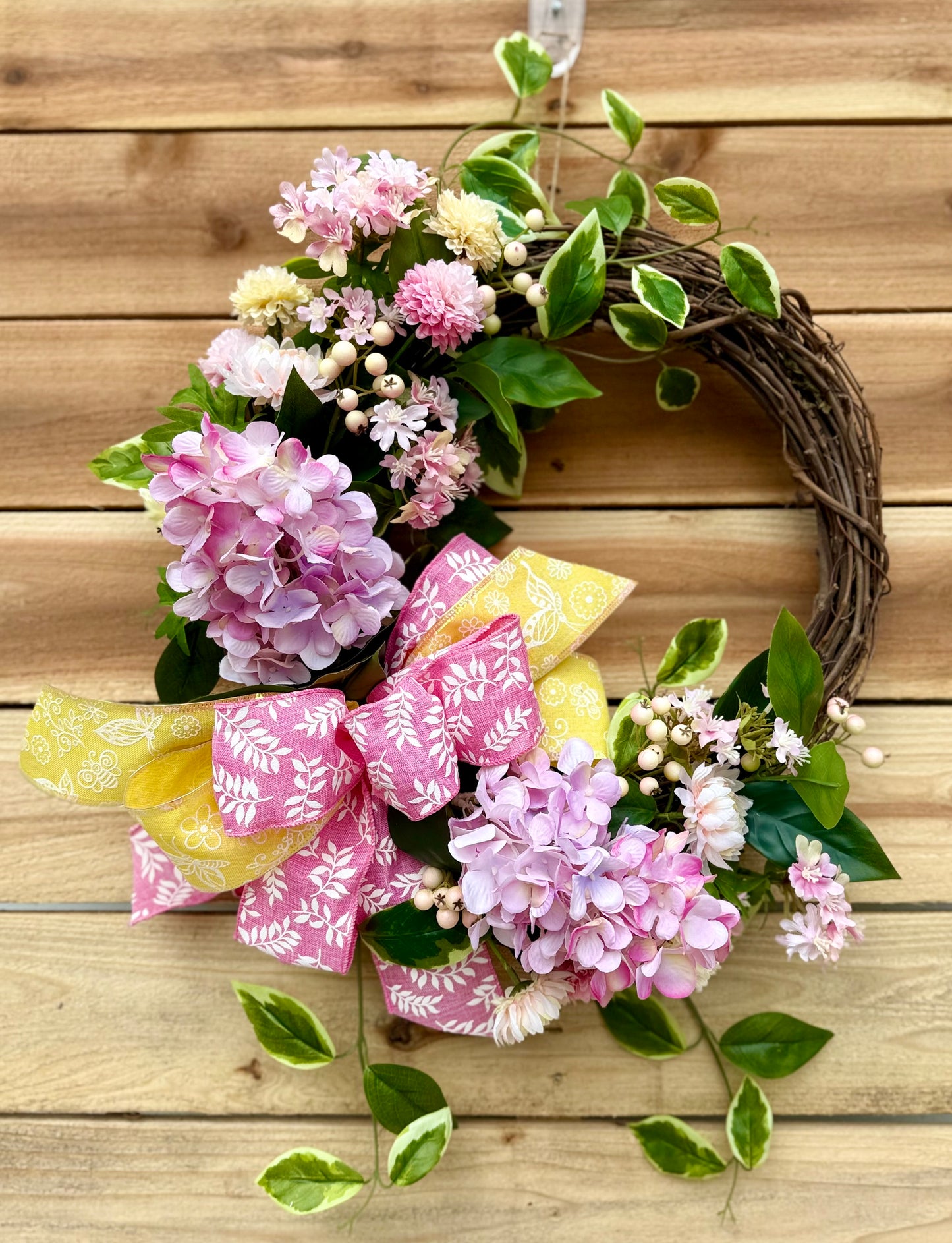 Spring Floral Wreath – Pink & Yellow Hydrangea and Chrysanthemum Wreath (2 Color Options)