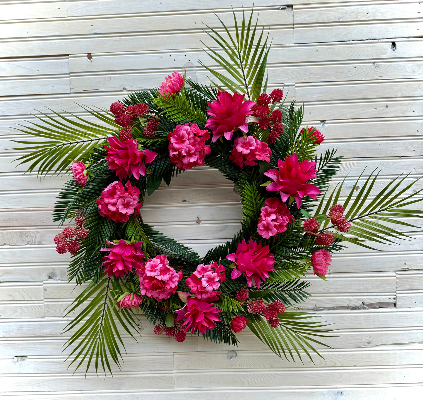 Tropical Bloom Wreath – Pink Floral Paradise with Palm & Cycas Greenery