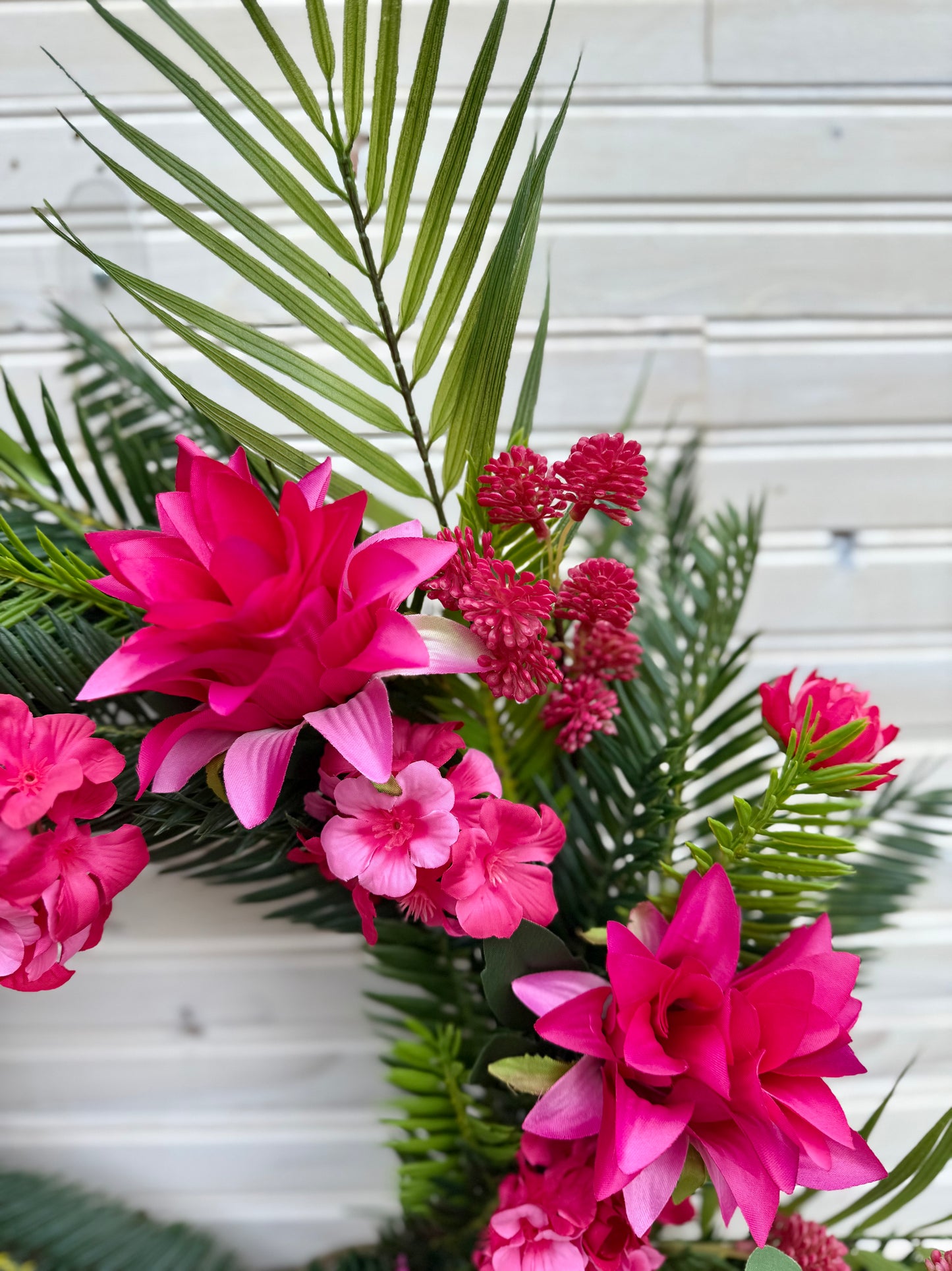 Tropical Bloom Wreath – Pink Floral Paradise with Palm & Cycas Greenery