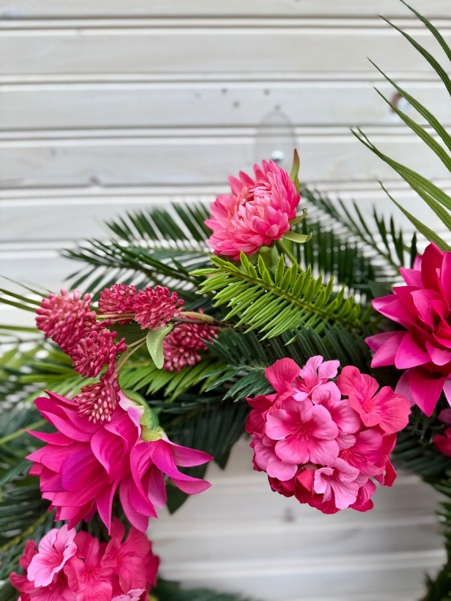 Tropical Bloom Wreath – Pink Floral Paradise with Palm & Cycas Greenery