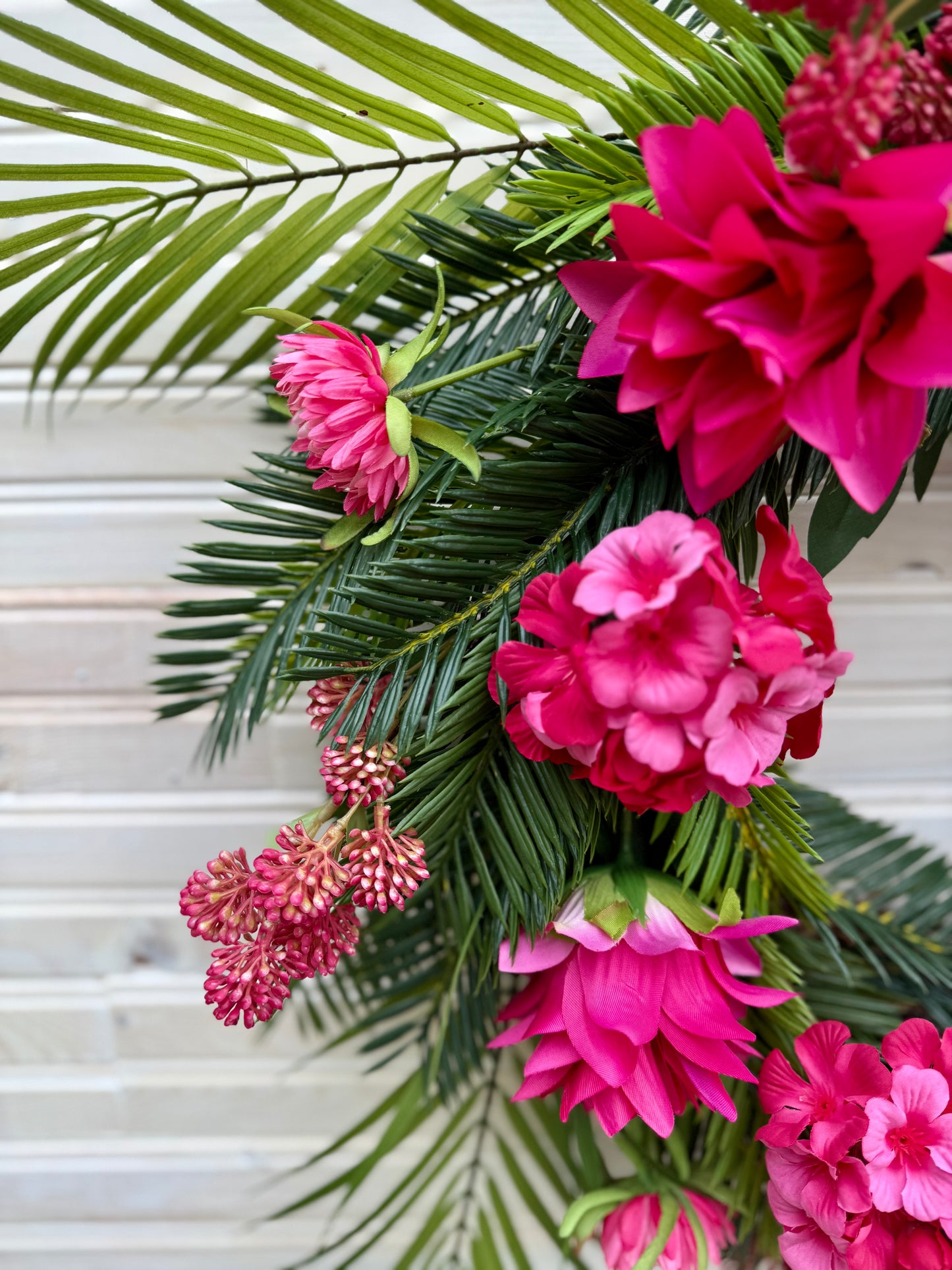 Tropical Bloom Wreath – Pink Floral Paradise with Palm & Cycas Greenery