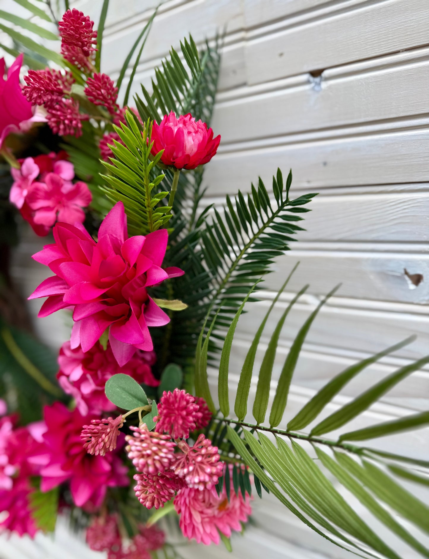 Tropical Bloom Wreath – Pink Floral Paradise with Palm & Cycas Greenery