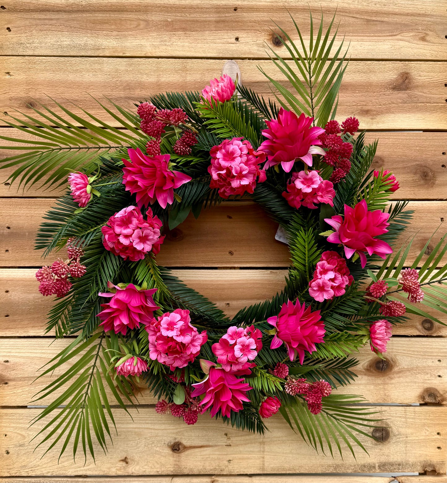 Tropical Bloom Wreath – Pink Floral Paradise with Palm & Cycas Greenery