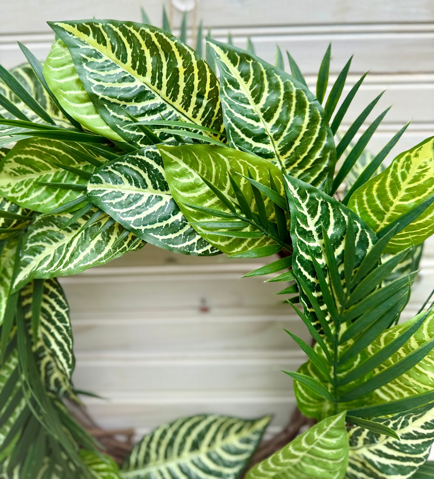 Tropical Green Zebra Palm Wreath – Lush Faux Foliage Door Décor
