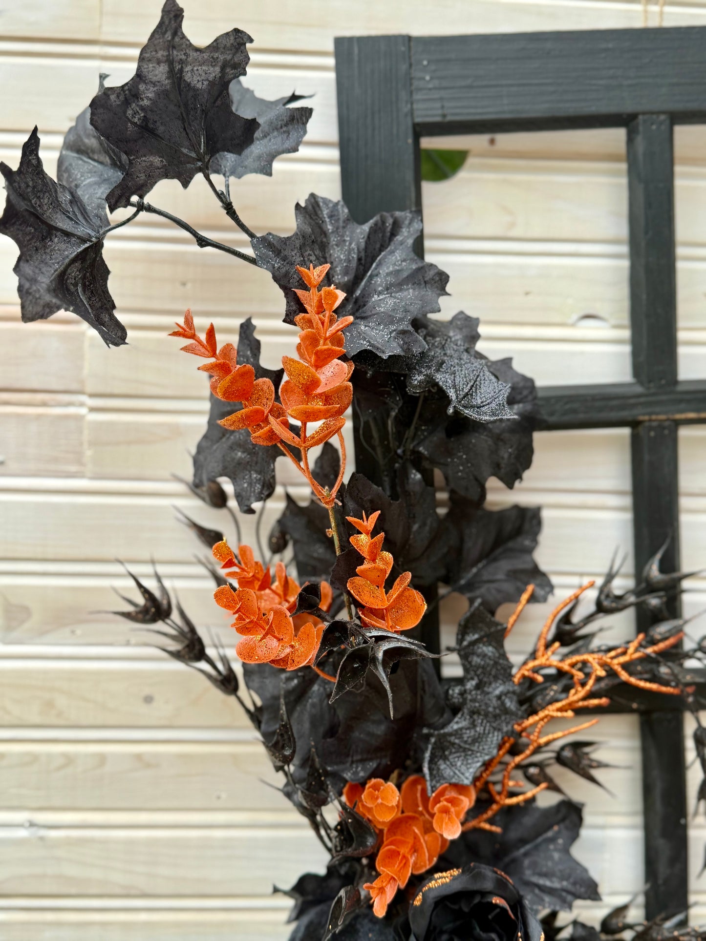 Elegant Halloween Door Hanger – Black & Orange Fall Floral on Window Frame