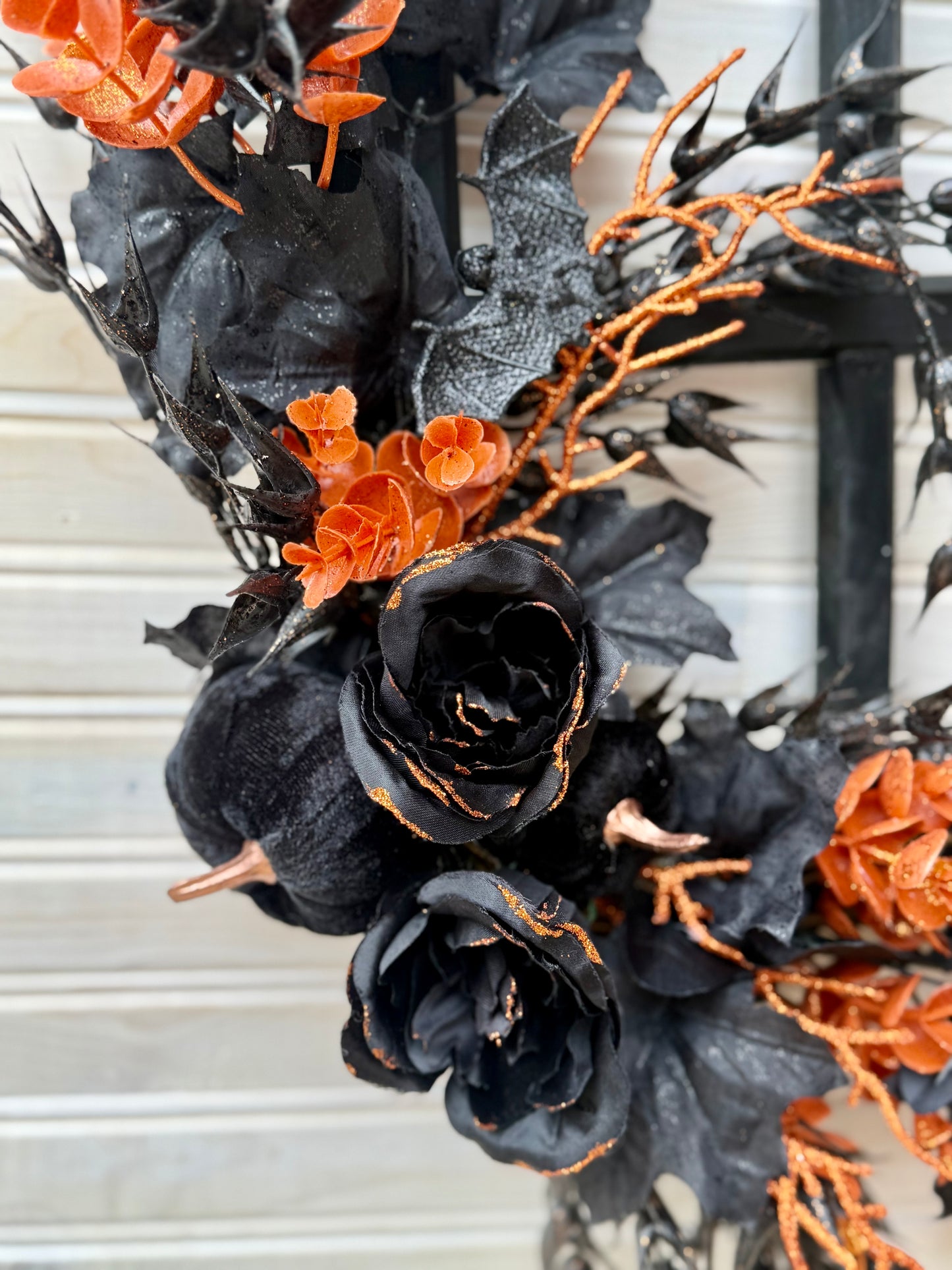 Elegant Halloween Door Hanger – Black & Orange Fall Floral on Window Frame