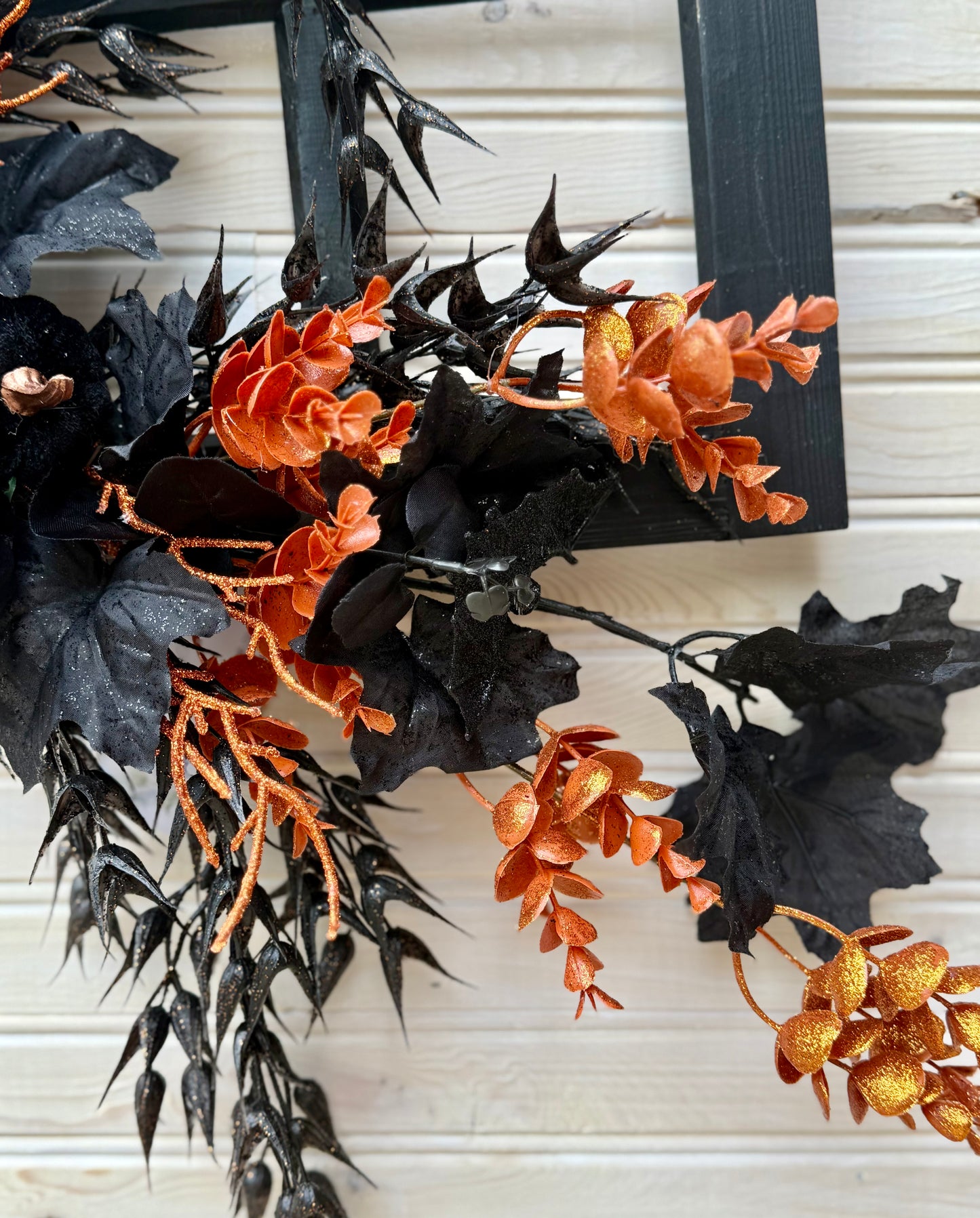Elegant Halloween Door Hanger – Black & Orange Fall Floral on Window Frame