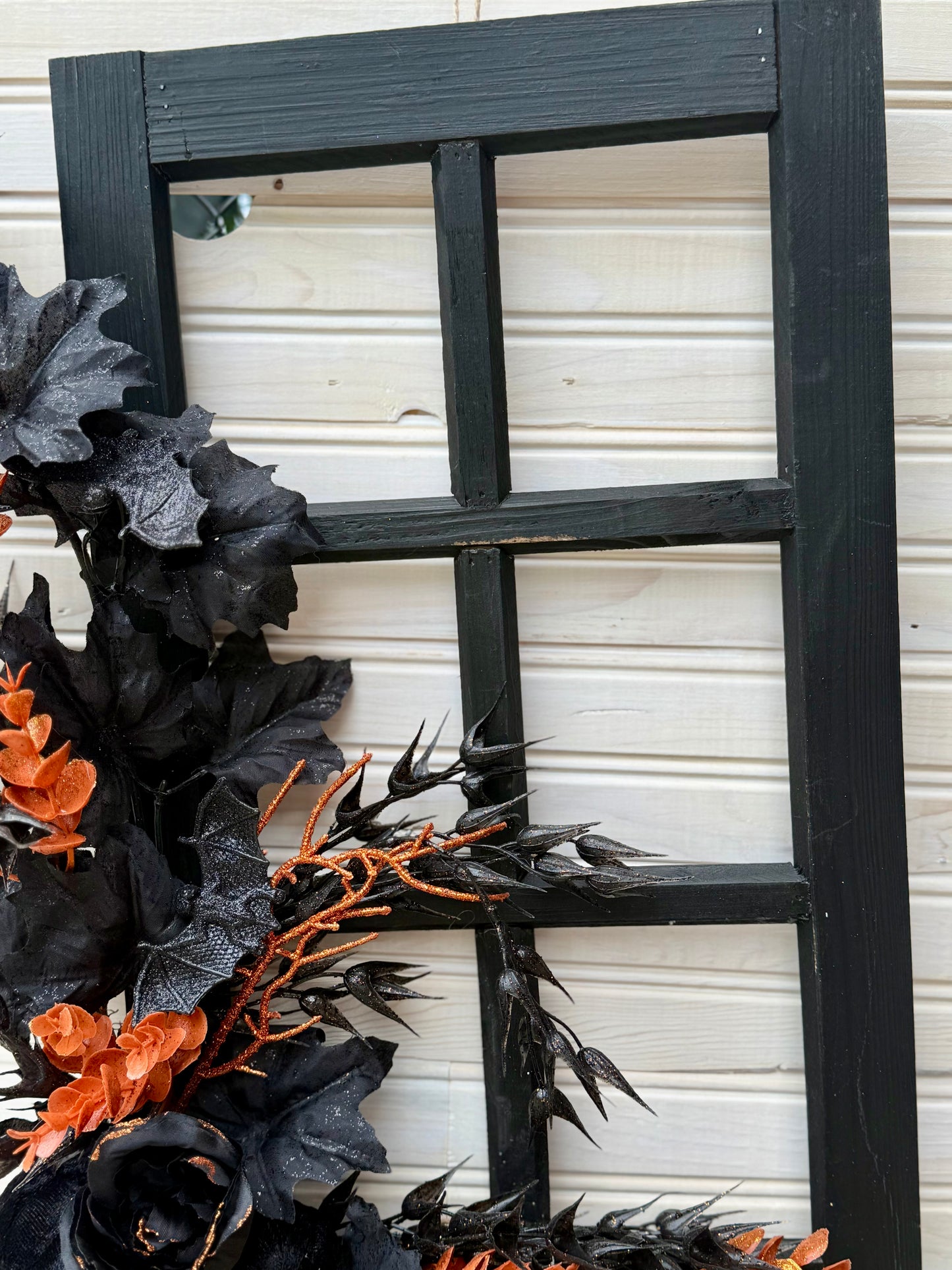 Elegant Halloween Door Hanger – Black & Orange Fall Floral on Window Frame