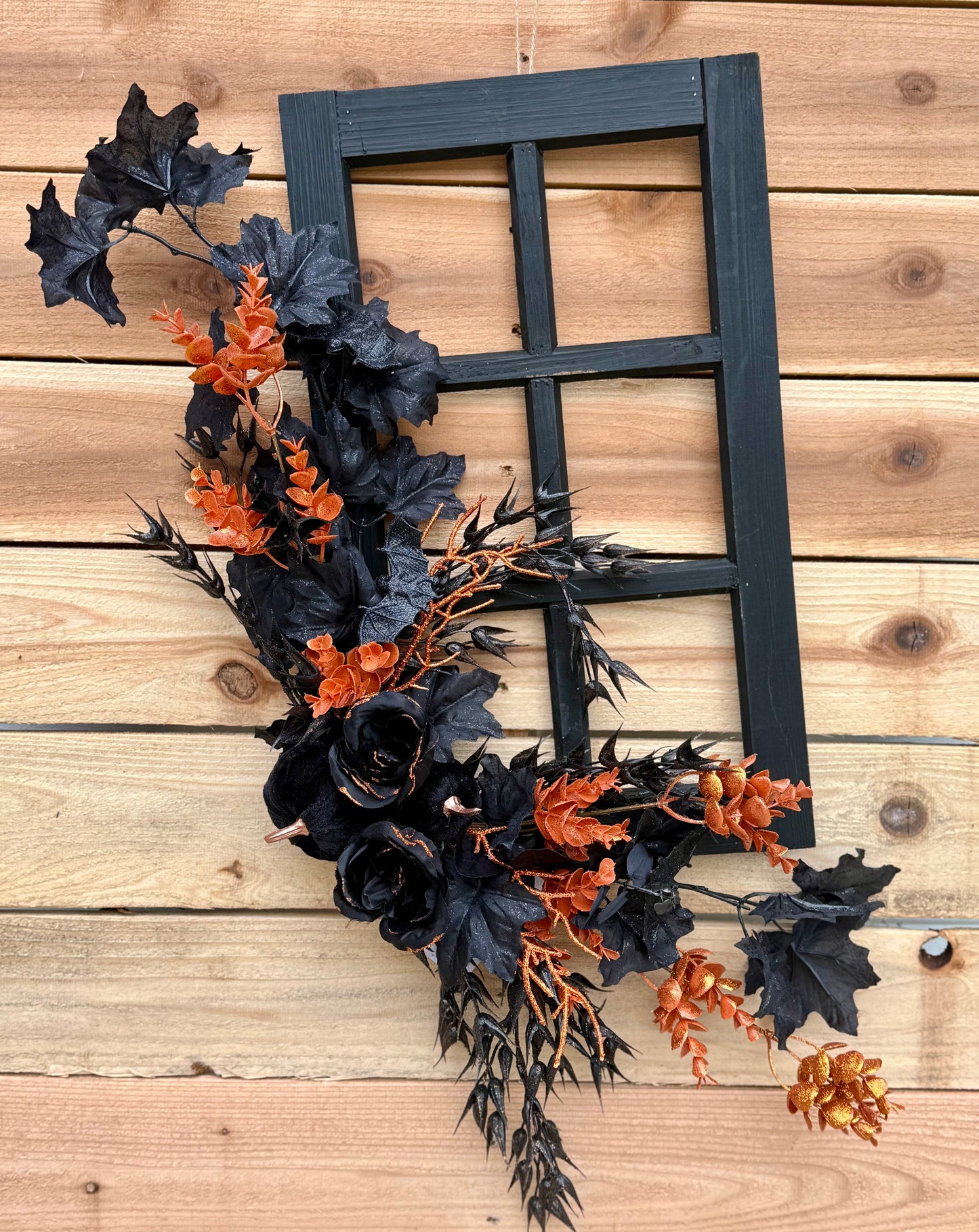 Elegant Halloween Door Hanger – Black & Orange Fall Floral on Window Frame