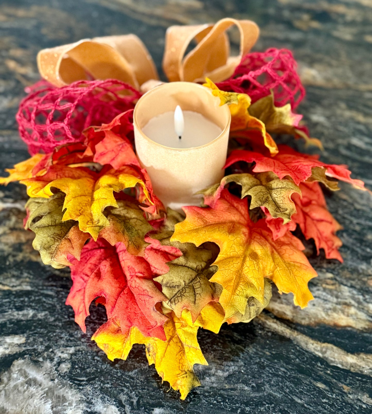 Autumn Leaves Candle Centerpiece with LED Candle – Fall Table Decor