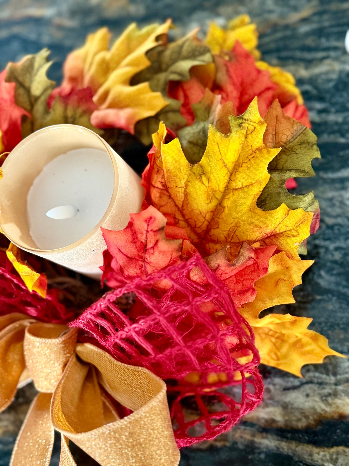 Autumn Leaves Candle Centerpiece with LED Candle – Fall Table Decor
