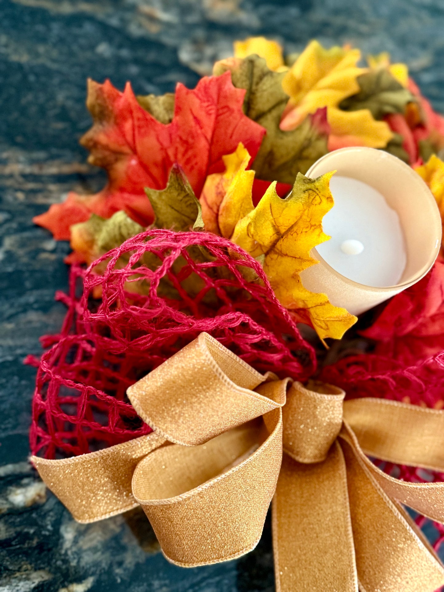 Autumn Leaves Candle Centerpiece with LED Candle – Fall Table Decor