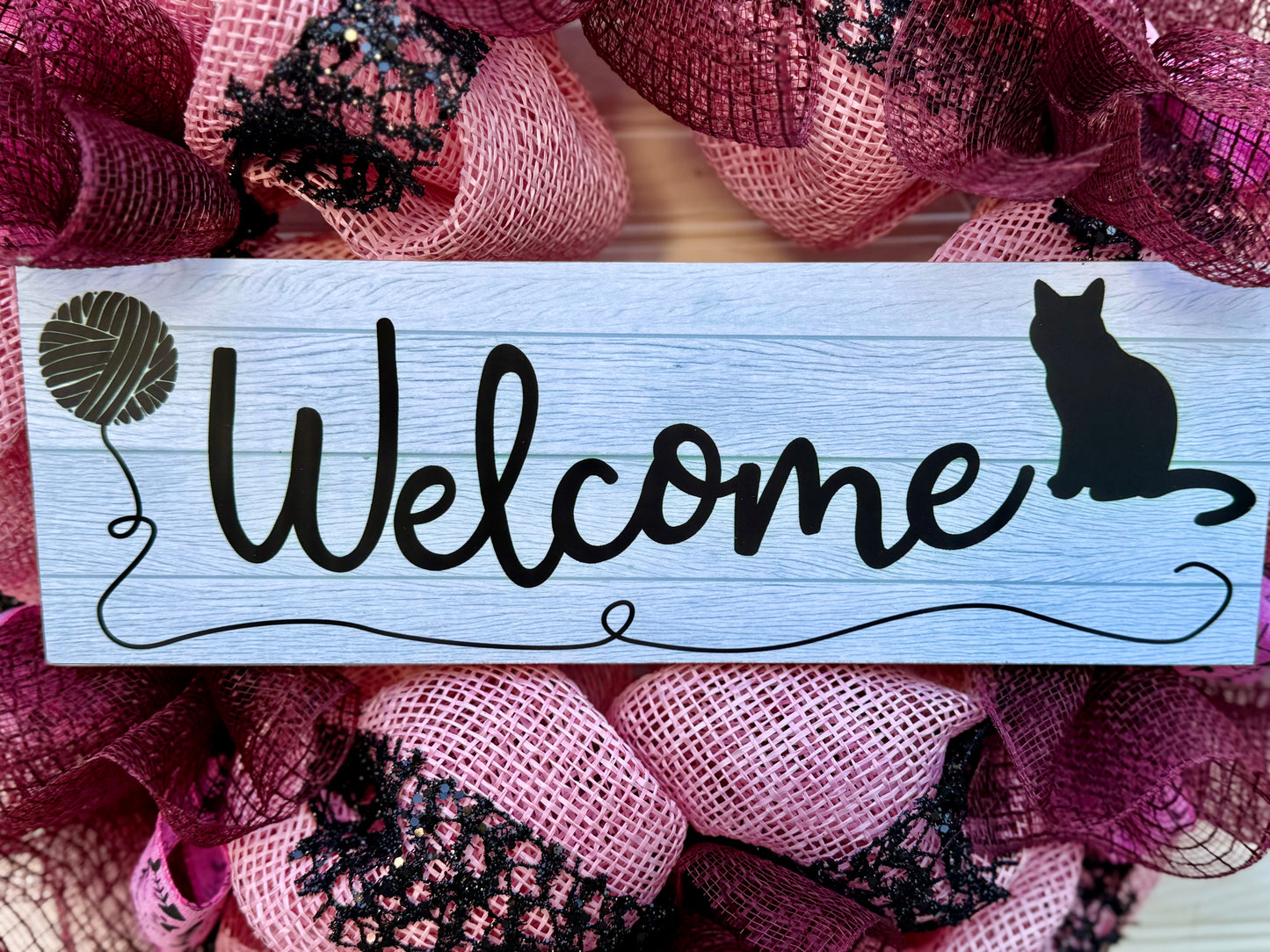 Pink & Burgundy Cat Lover Welcome Wreath – Handmade Mesh Door Decor