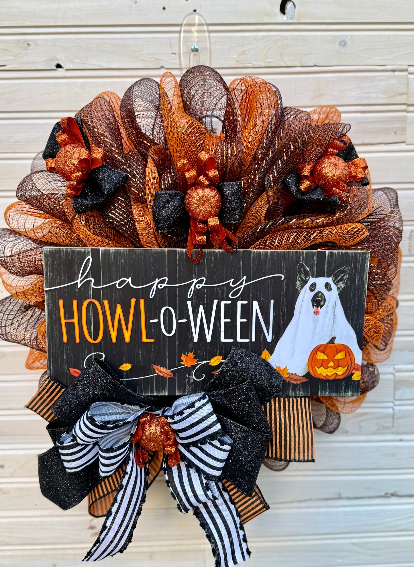Happy HOWL-o-Ween Dog Halloween Wreath β Mesh Front Door Decor with Dog Ghost Sign