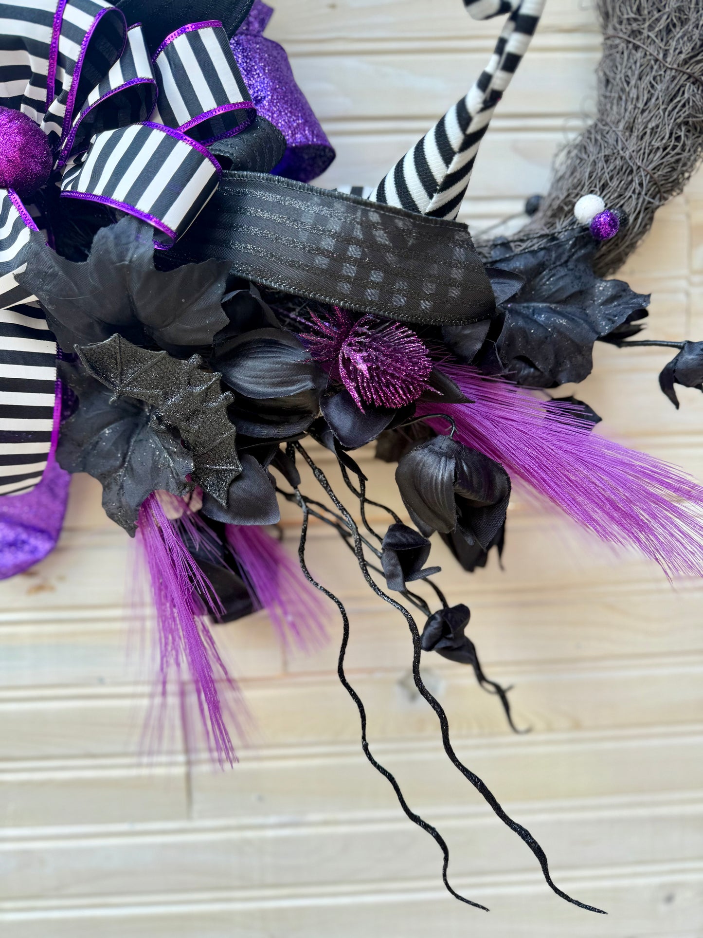 Whimsical Gothic Halloween Wreath – Black & Purple with Stripes