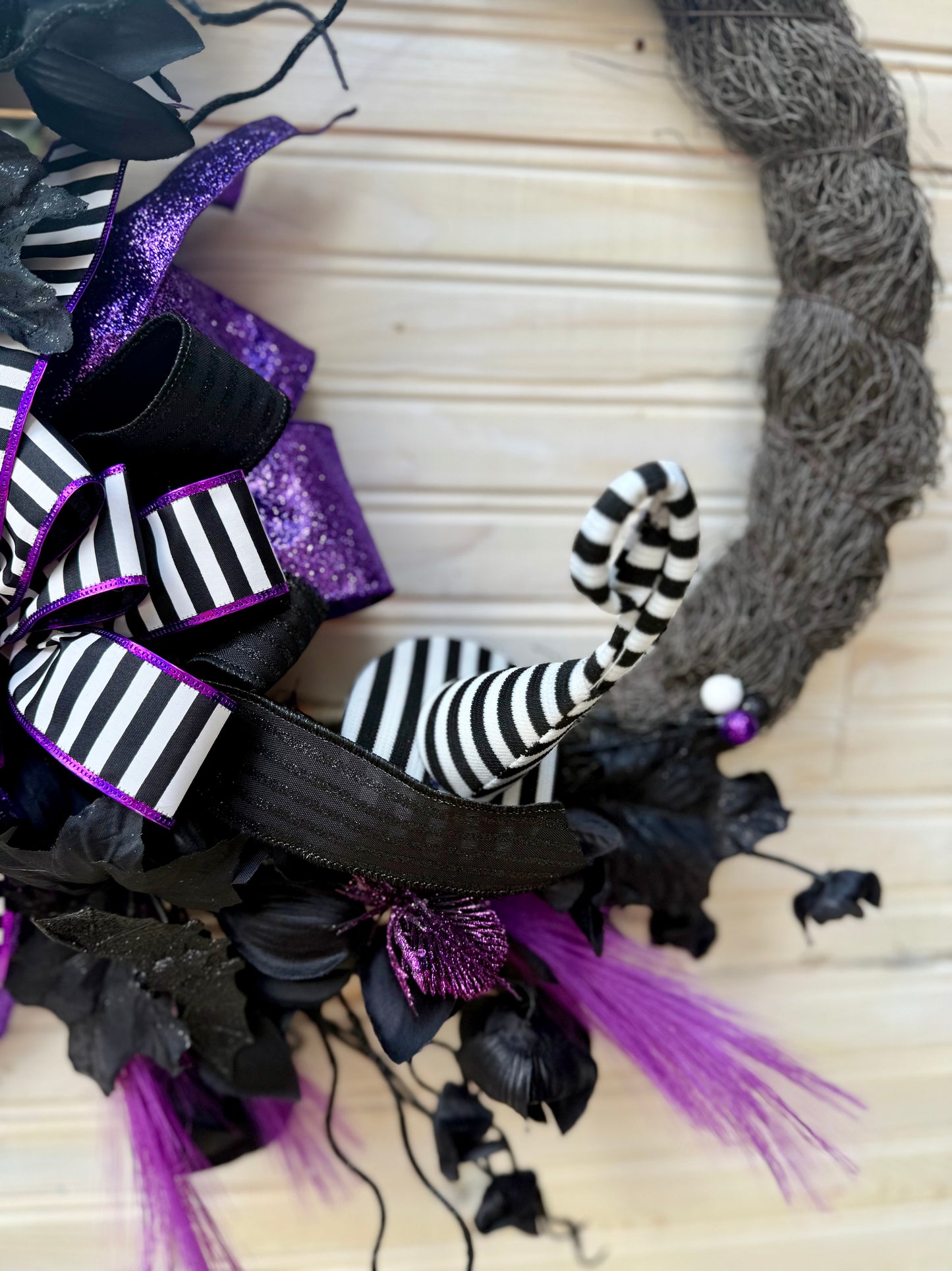 Whimsical Gothic Halloween Wreath – Black & Purple with Stripes