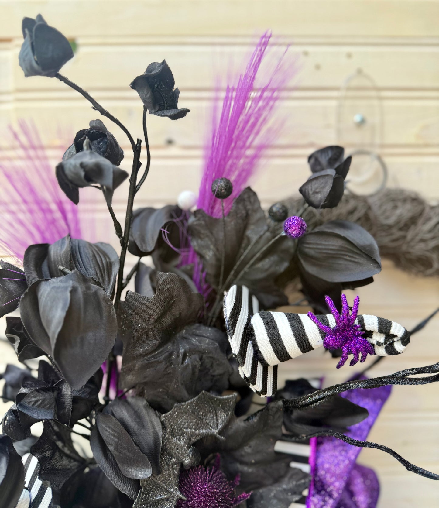 Whimsical Gothic Halloween Wreath – Black & Purple with Stripes