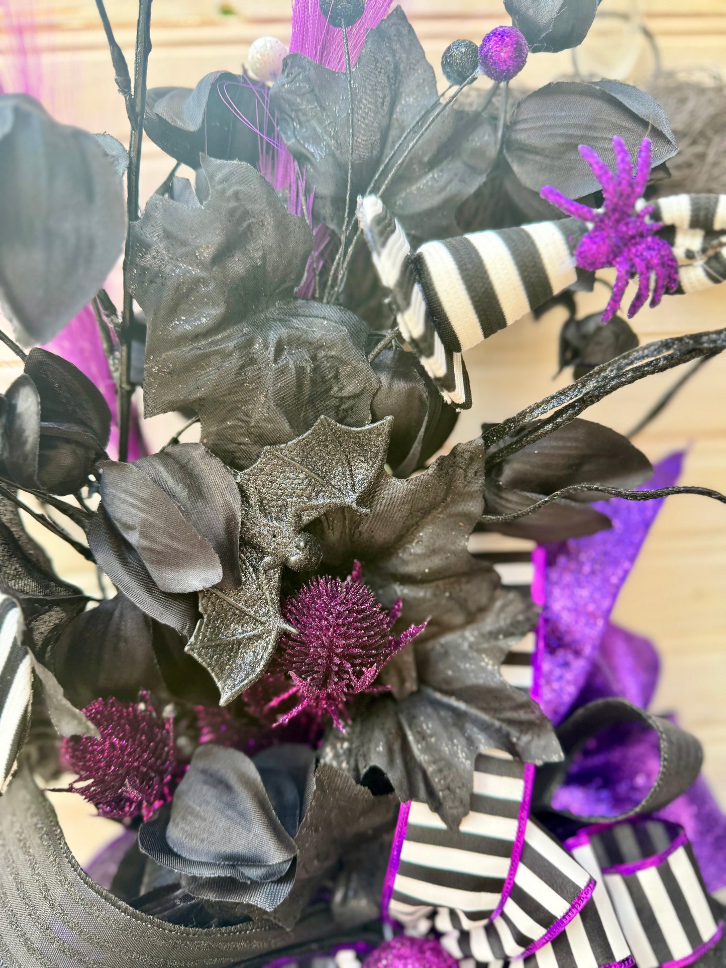 Whimsical Gothic Halloween Wreath – Black & Purple with Stripes