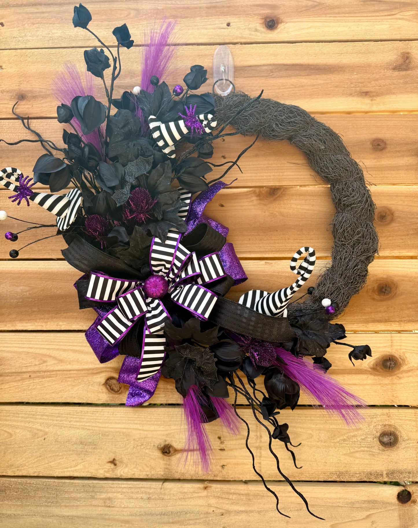 Whimsical Gothic Halloween Wreath – Black & Purple with Stripes