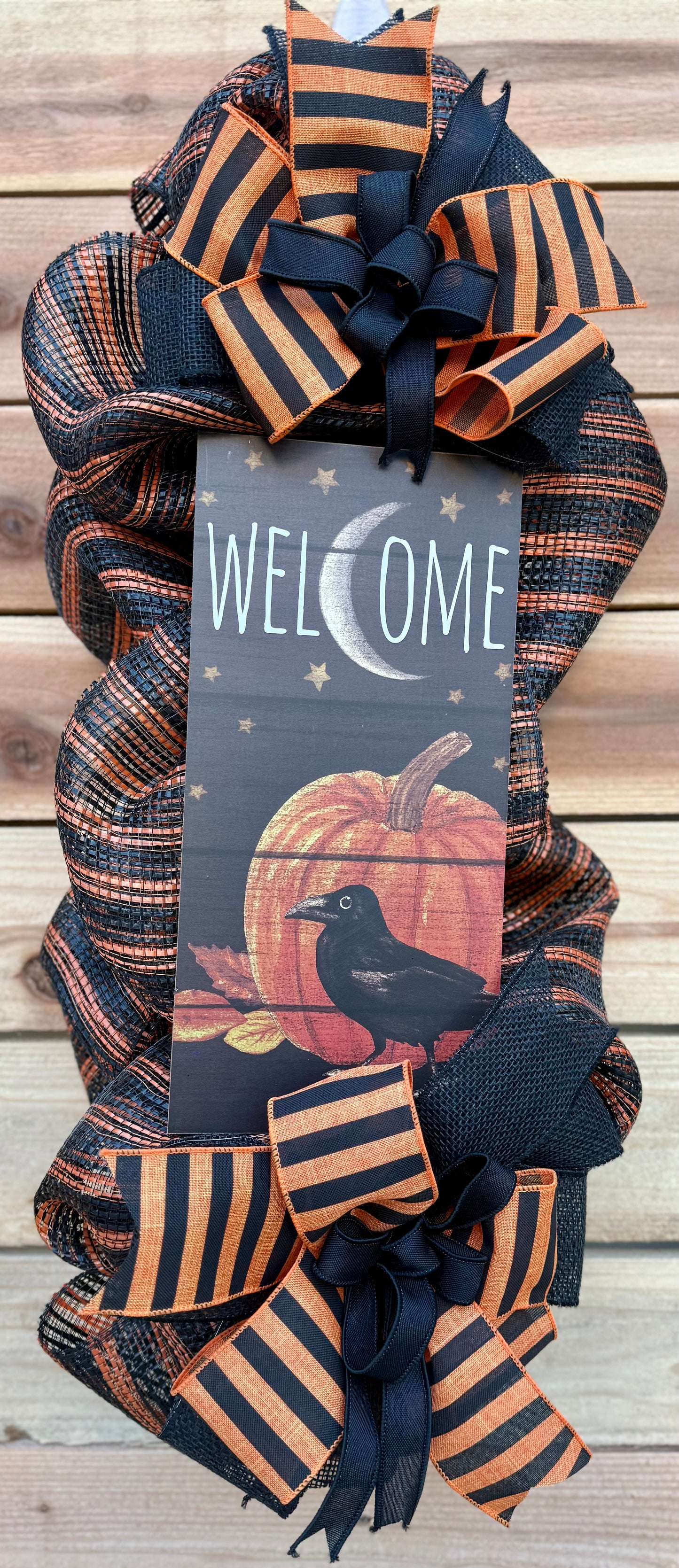Halloween Welcome Swag with Pumpkin and Crow | Black and Orange Mesh Door Decor