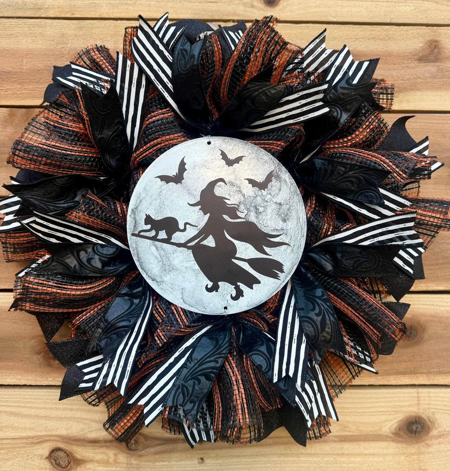 Witch & Cat Halloween Wreath | Spooky Black and Orange Door Decor