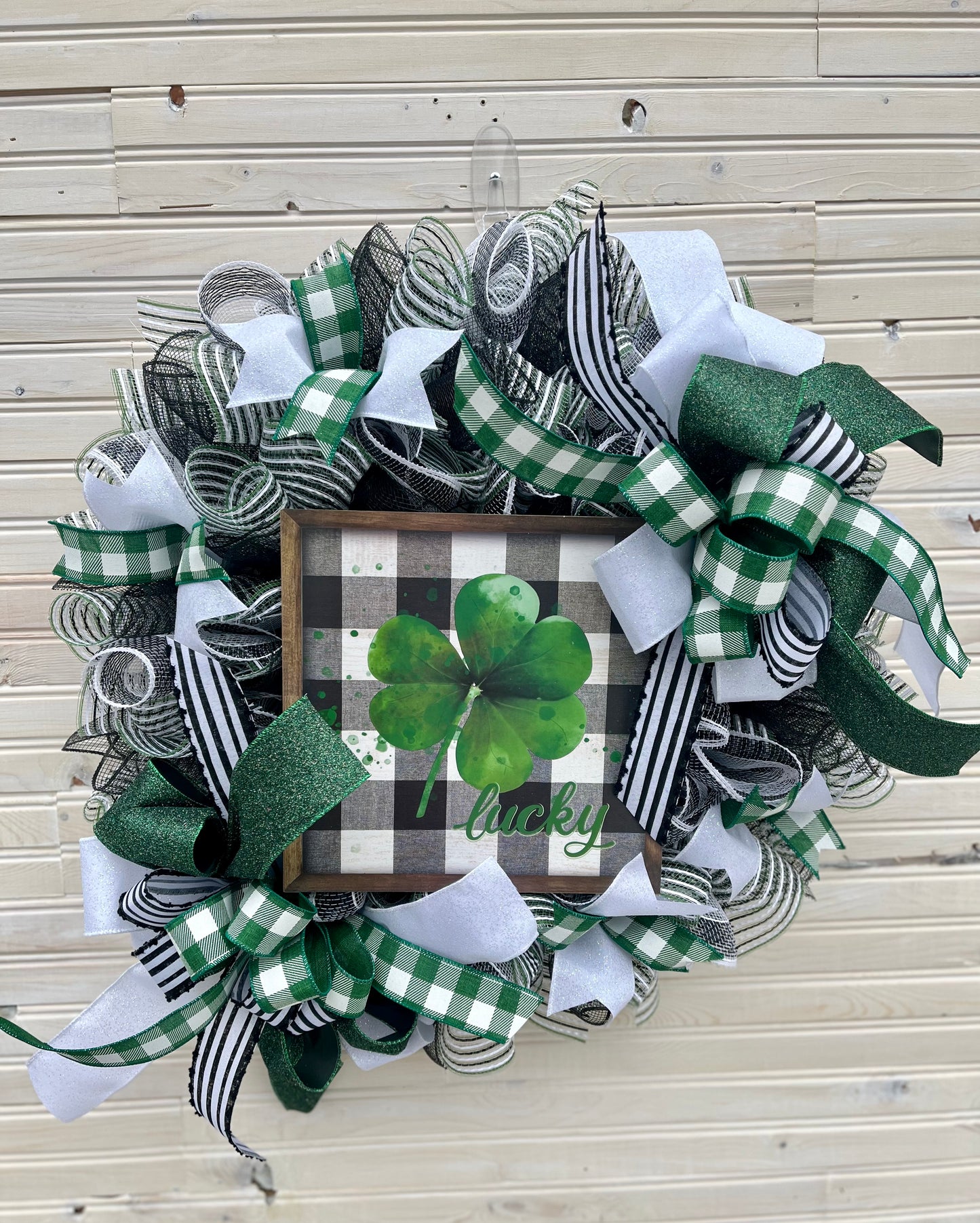 Lucky St. Patrick’s Day Wreath – Green & Buffalo Plaid Ribbon
