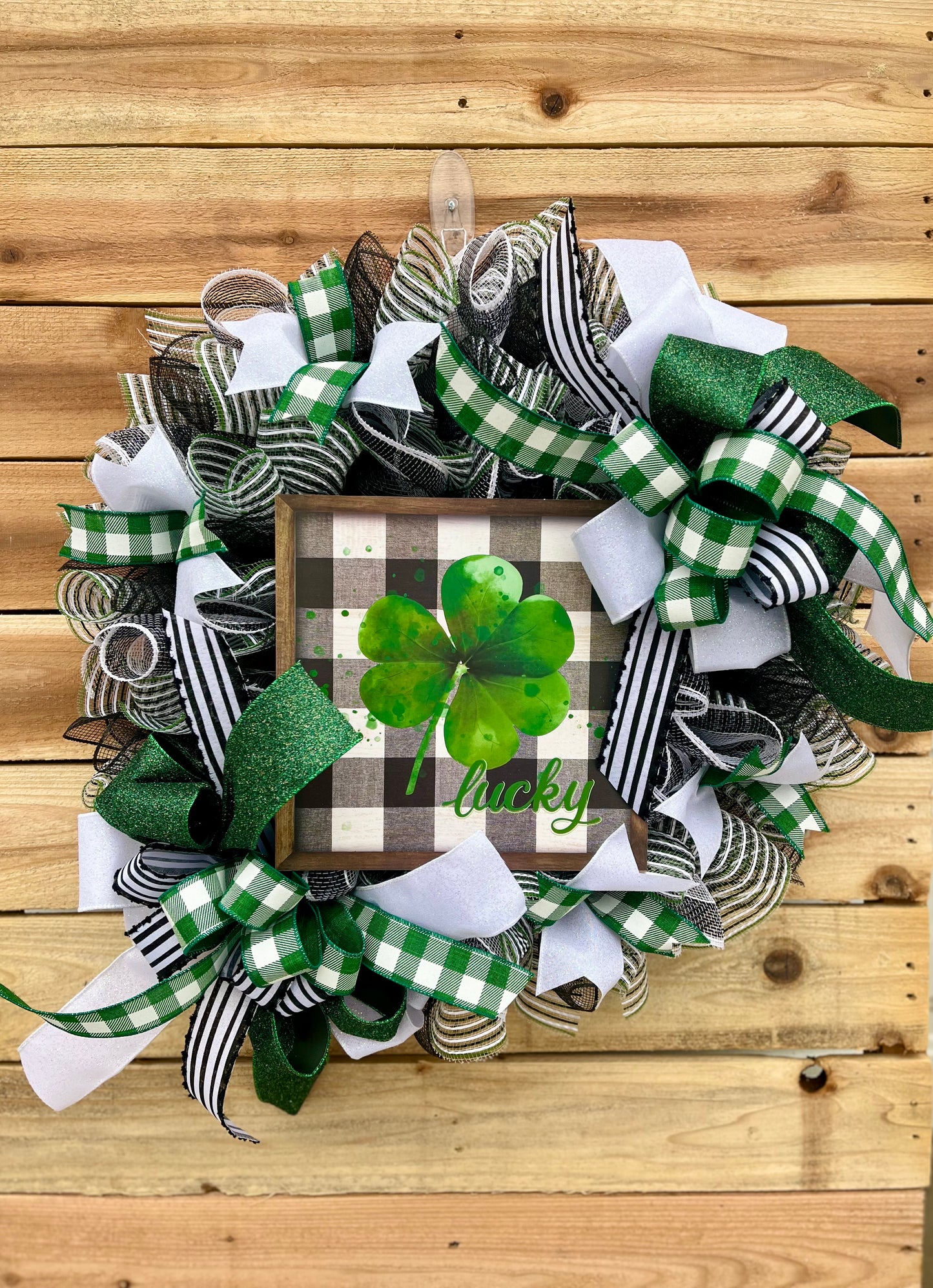 Lucky St. Patrick’s Day Wreath – Green & Buffalo Plaid Ribbon