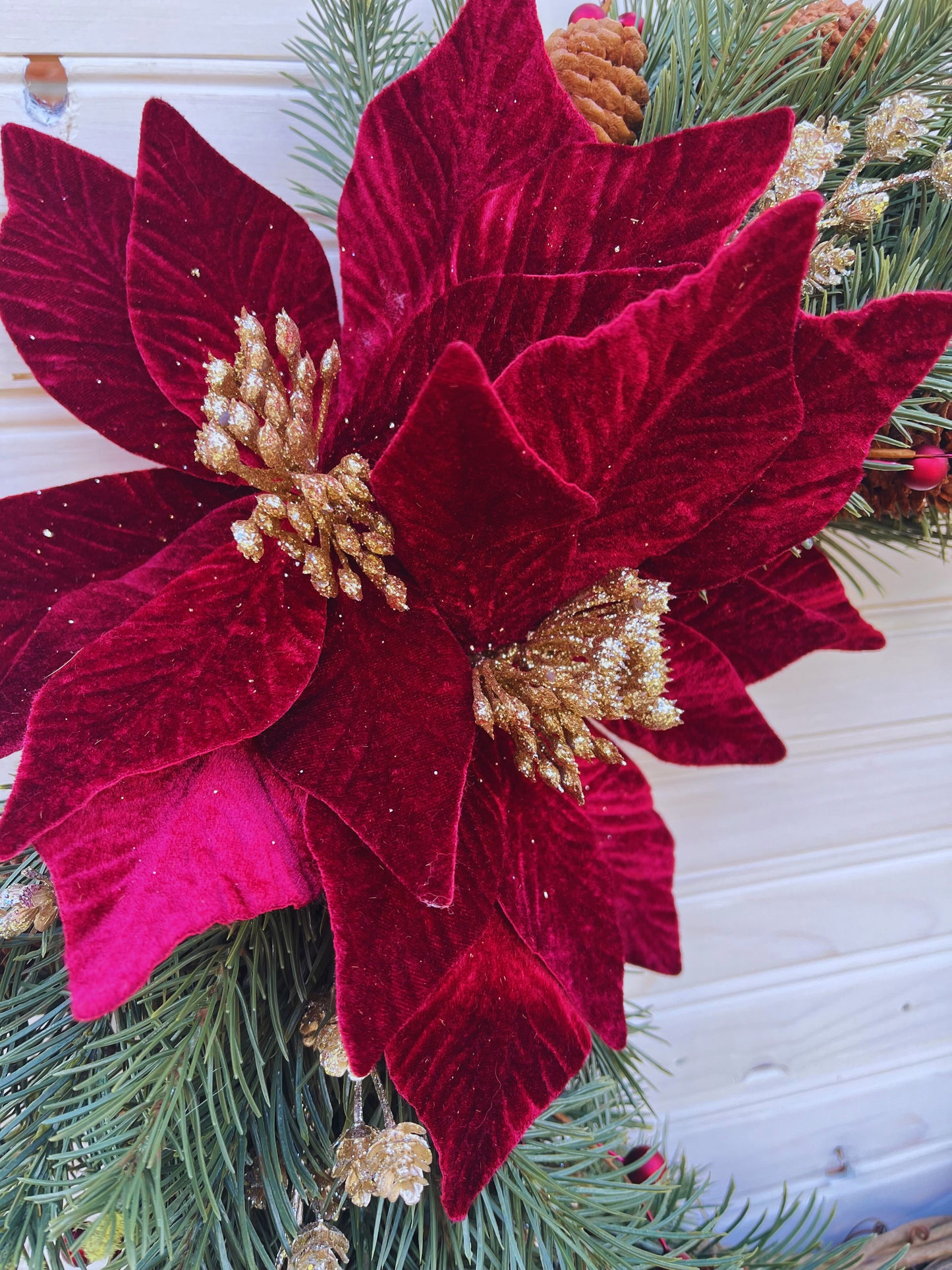 Festive Pine & Red Velvet Poinsettia Grapevine Wreath