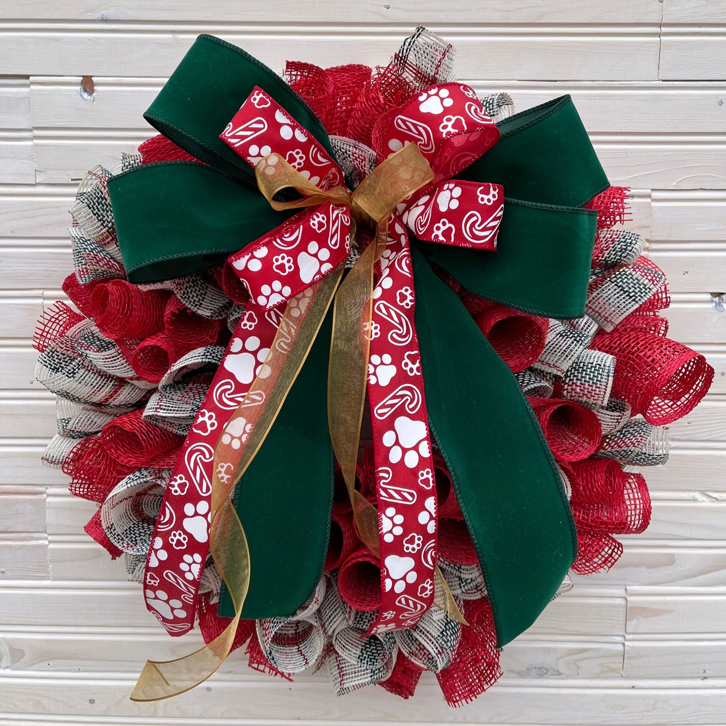 Christmas Deco Mesh Wreath with Green Velvet and Red Paw Print Bow