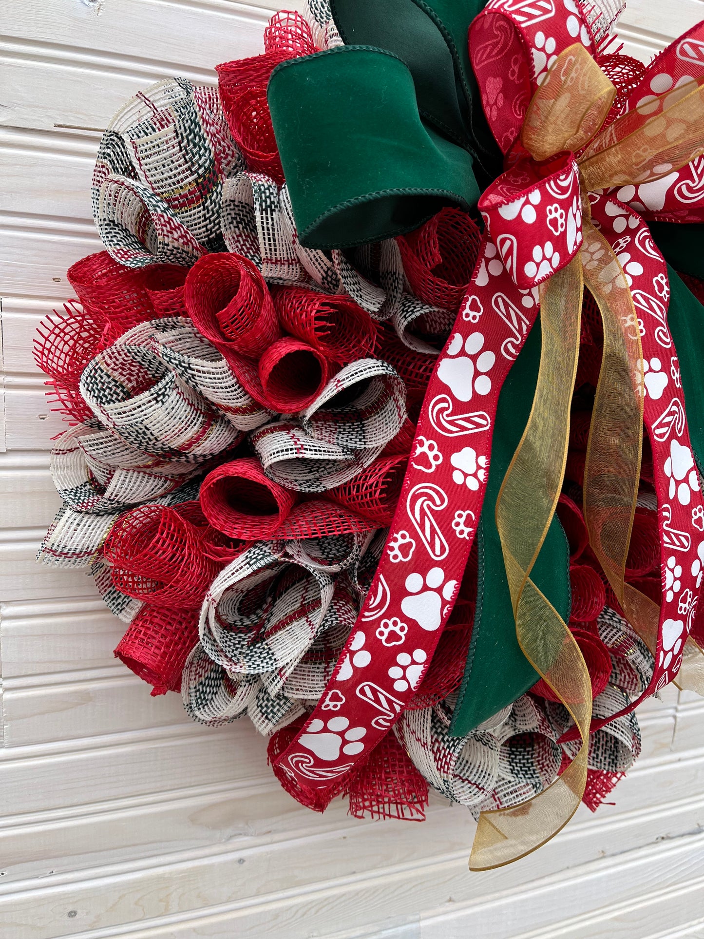 Christmas Deco Mesh Wreath with Green Velvet and Red Paw Print Bow