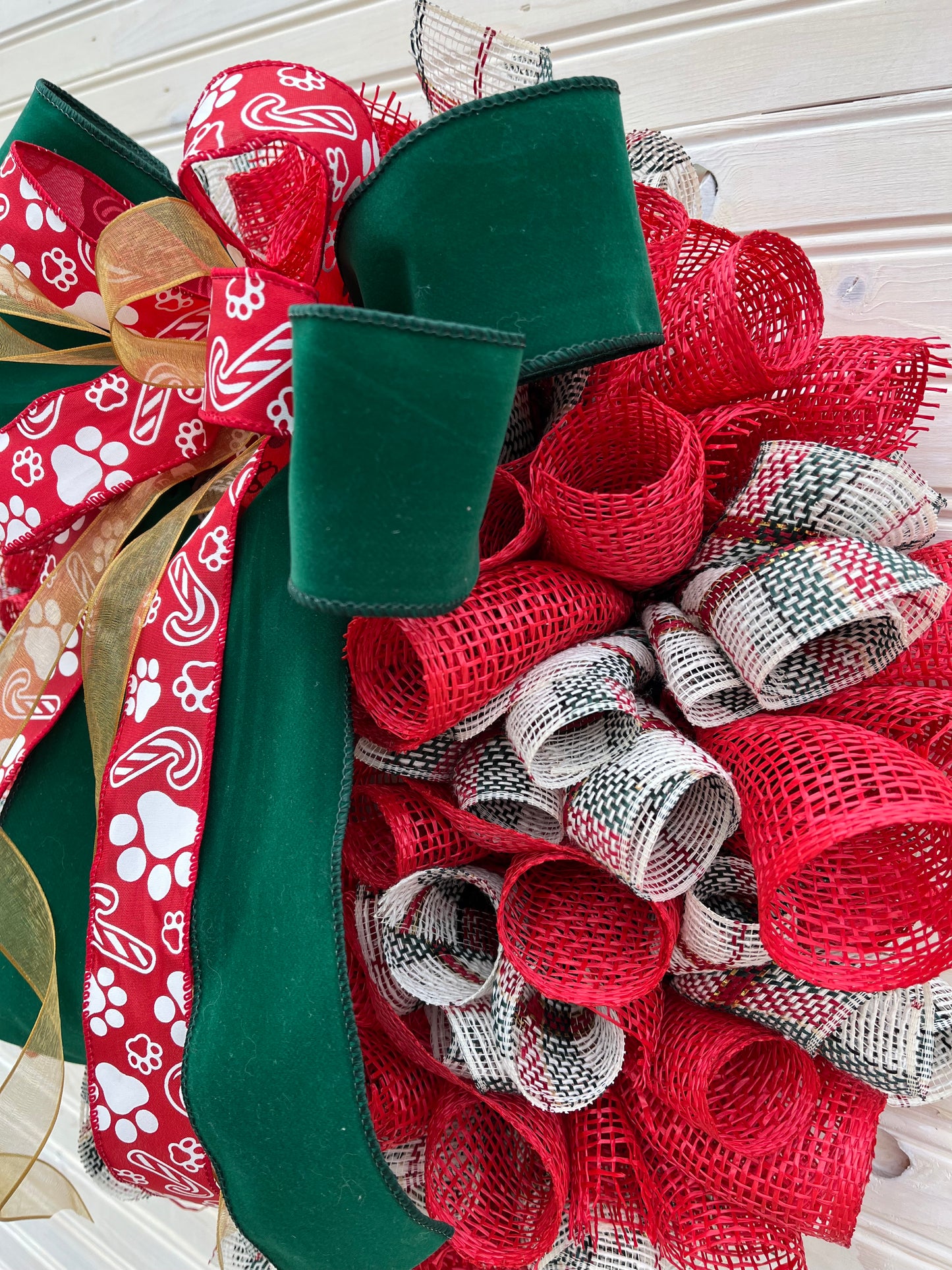 Christmas Deco Mesh Wreath with Green Velvet and Red Paw Print Bow