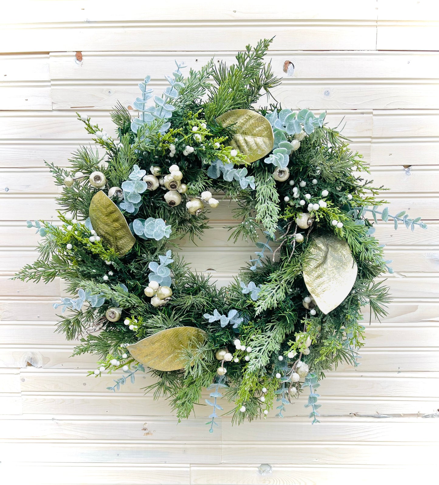 Elegant Winter Wreath with Gold Accents, White Berries, and Eucalyptus