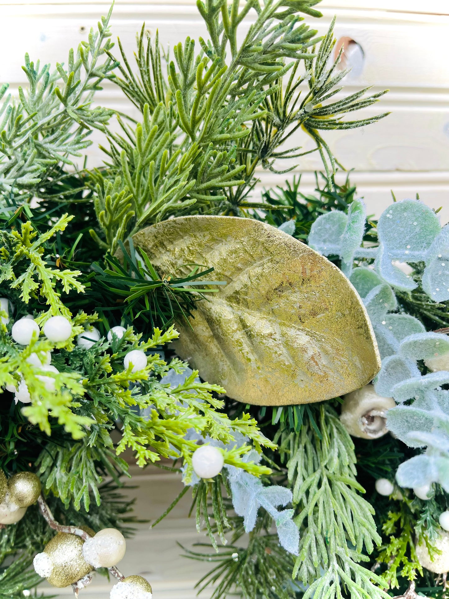 Elegant Winter Wreath with Gold Accents, White Berries, and Eucalyptus