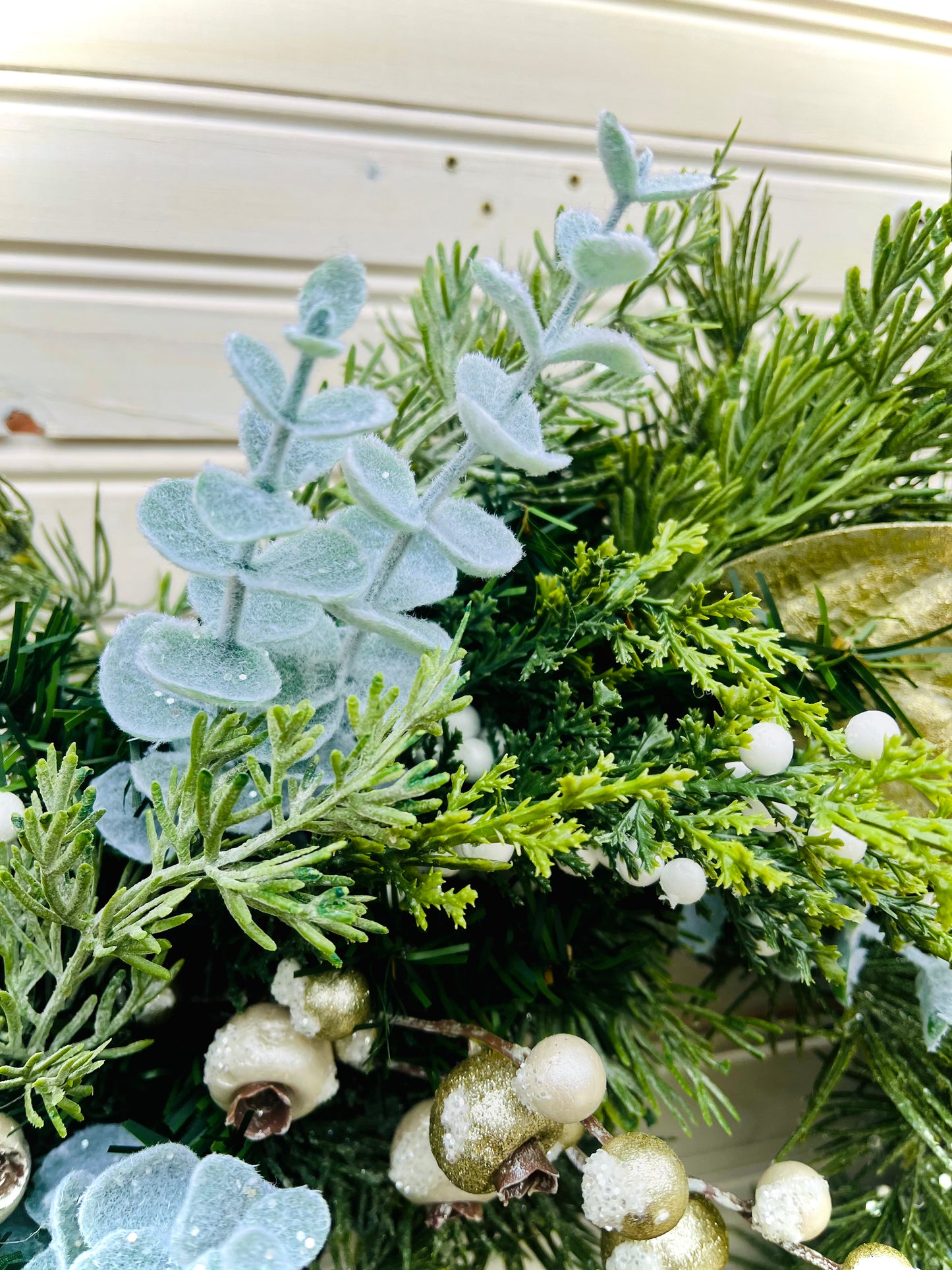 Elegant Winter Wreath with Gold Accents, White Berries, and Eucalyptus